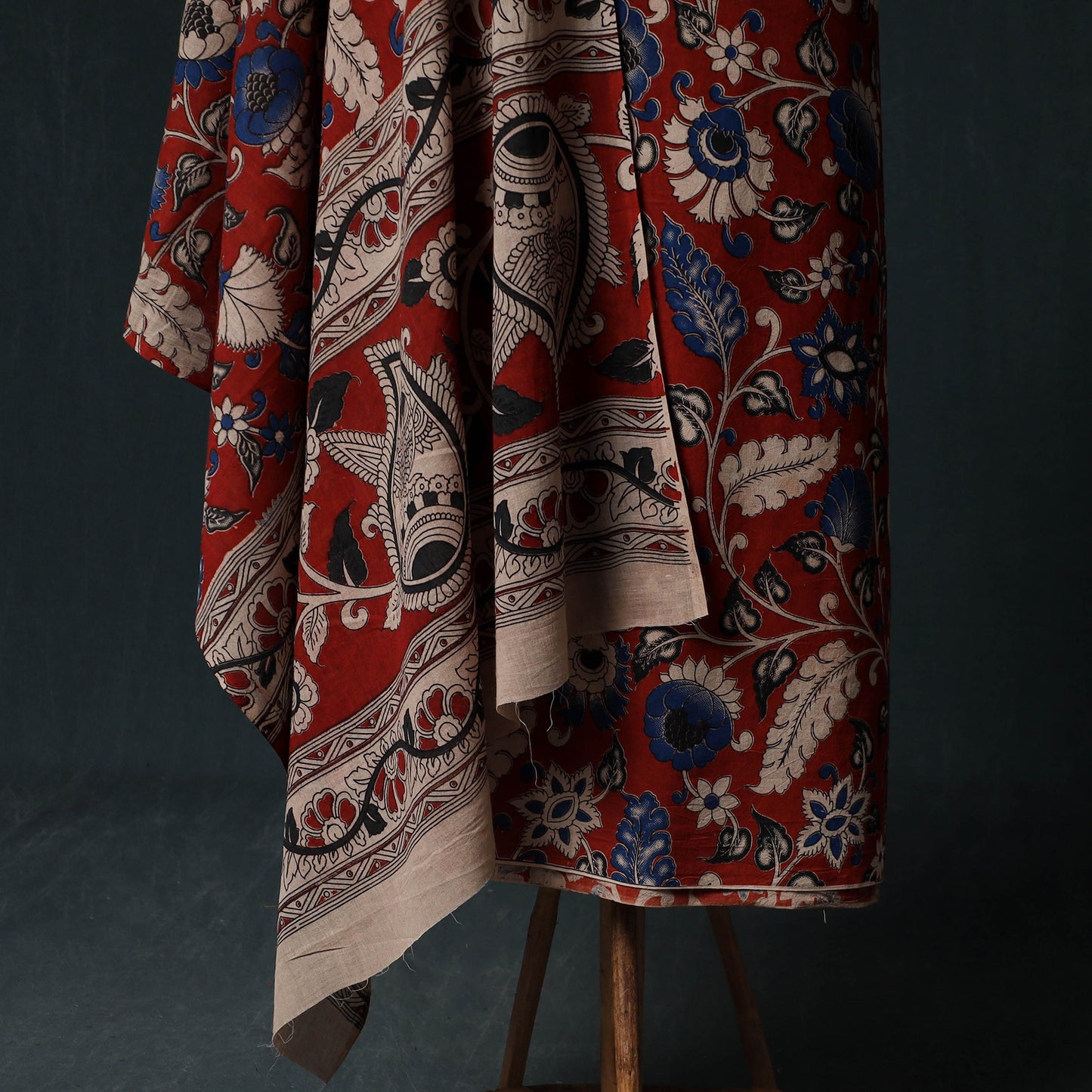 Red - Kalamkari Printed Cotton Unstitched Dress Material Kurta with Dupatta Set 01