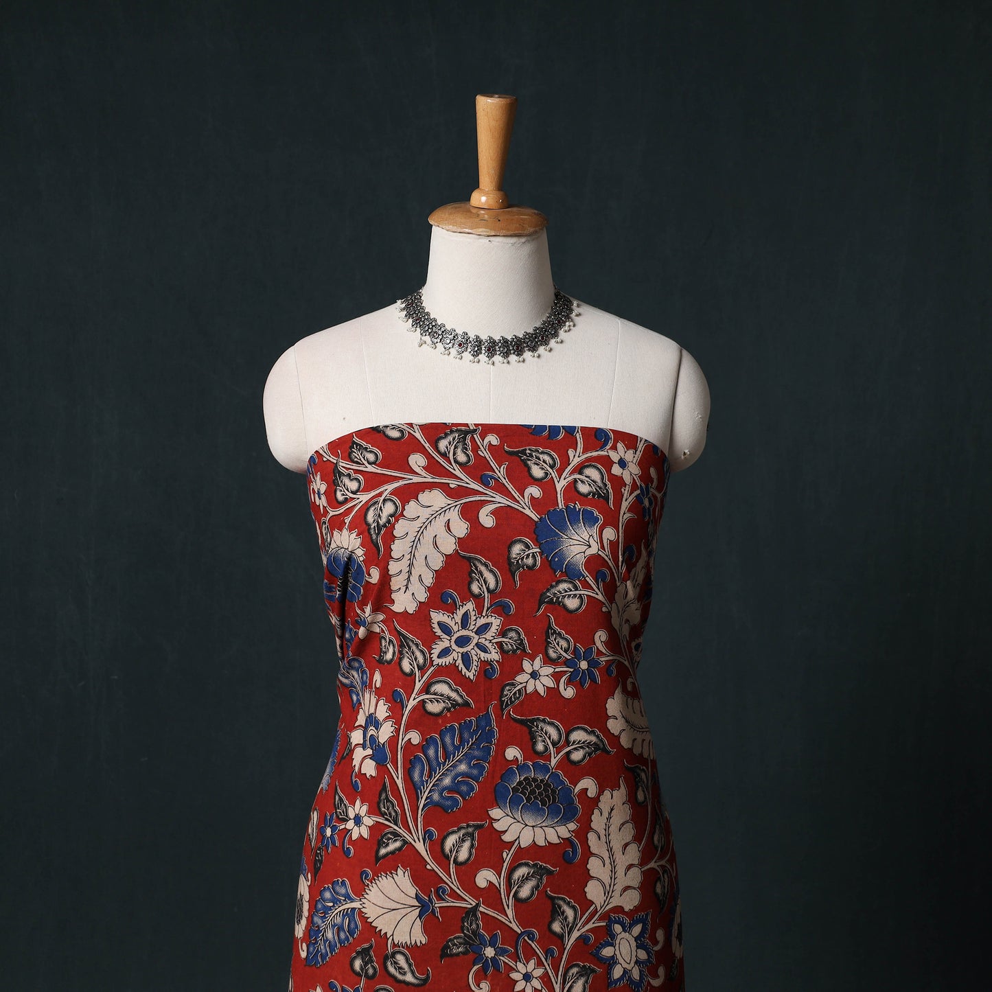 Red - Kalamkari Printed Cotton Unstitched Dress Material Kurta with Dupatta Set 01