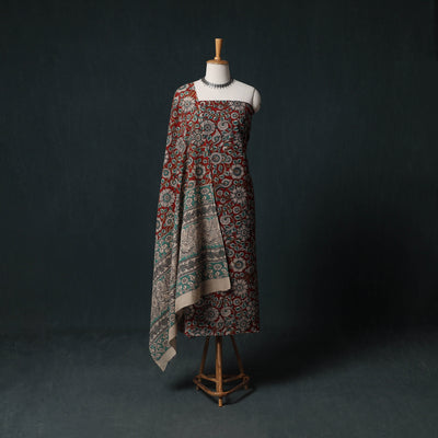 Red - Kalamkari Printed Cotton Unstitched Dress Material Kurta with Dupatta Set 02