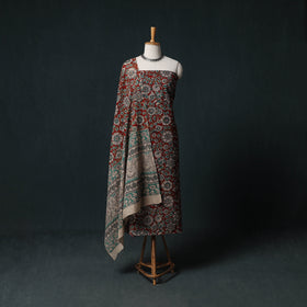 Red - Kalamkari Printed Cotton Unstitched Dress Material Kurta with Dupatta Set 02