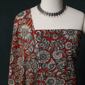 Red - Kalamkari Printed Cotton Unstitched Dress Material Kurta with Dupatta Set 02