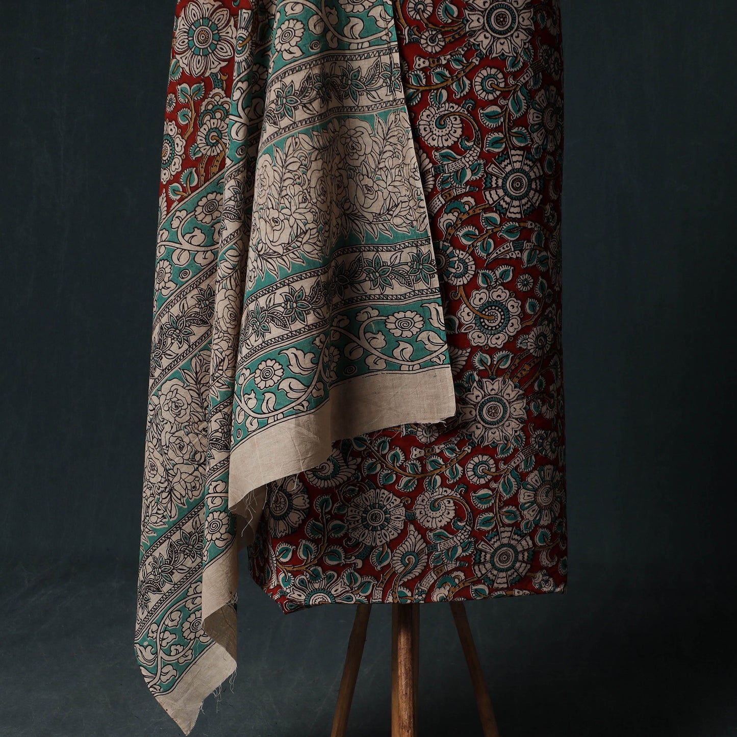 Red - Kalamkari Printed Cotton Unstitched Dress Material Kurta with Dupatta Set 02