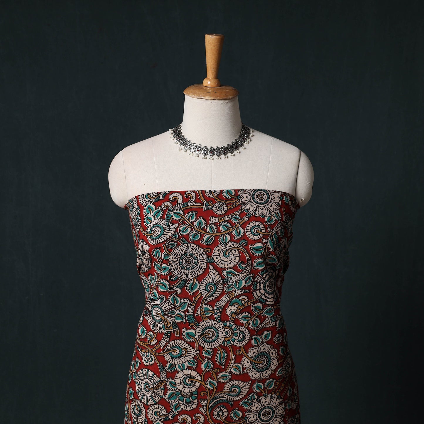Red - Kalamkari Printed Cotton Unstitched Dress Material Kurta with Dupatta Set 02