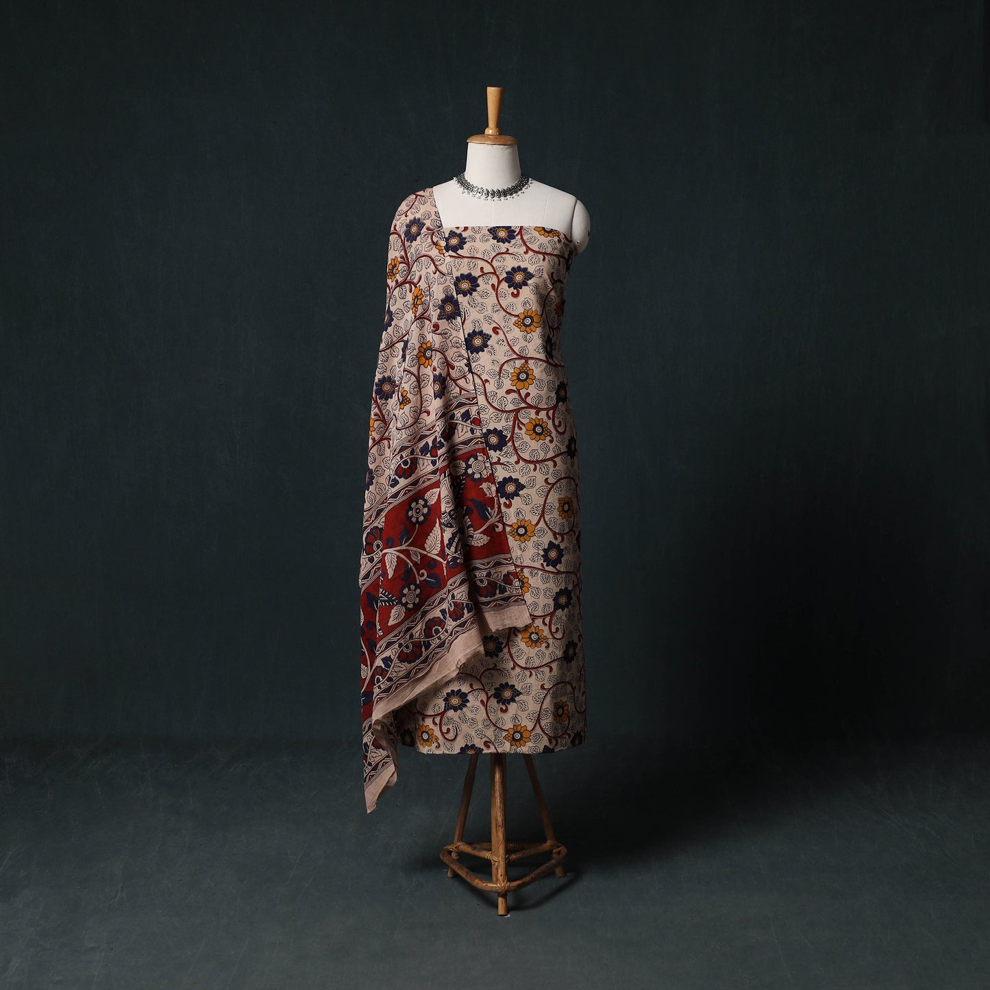 Beige - Kalamkari Printed Cotton Unstitched Dress Material Kurta with Dupatta Set 03