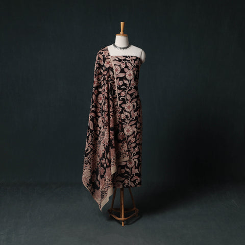 Black - Kalamkari Printed Cotton Unstitched Dress Material Kurta with Dupatta Set 04
