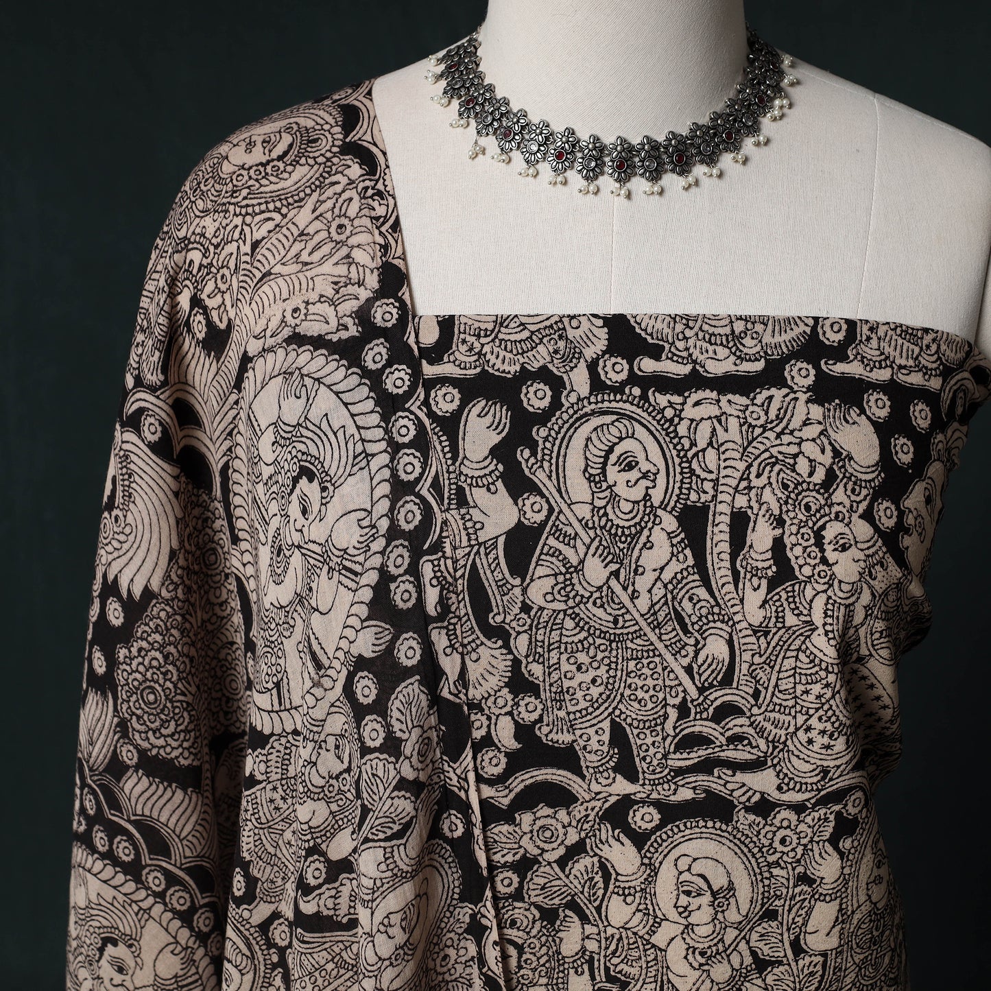 Beige - Kalamkari Printed Cotton Unstitched Dress Material Kurta with Dupatta Set 06