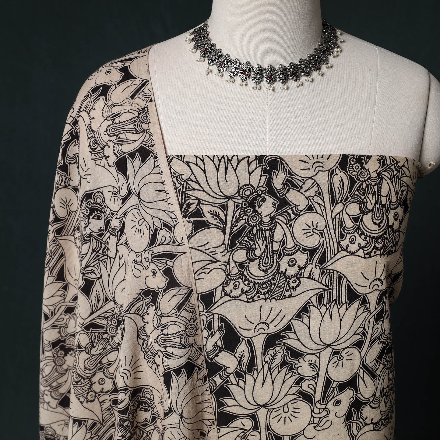 Beige - Kalamkari Printed Cotton Unstitched Dress Material Kurta with Dupatta Set 07