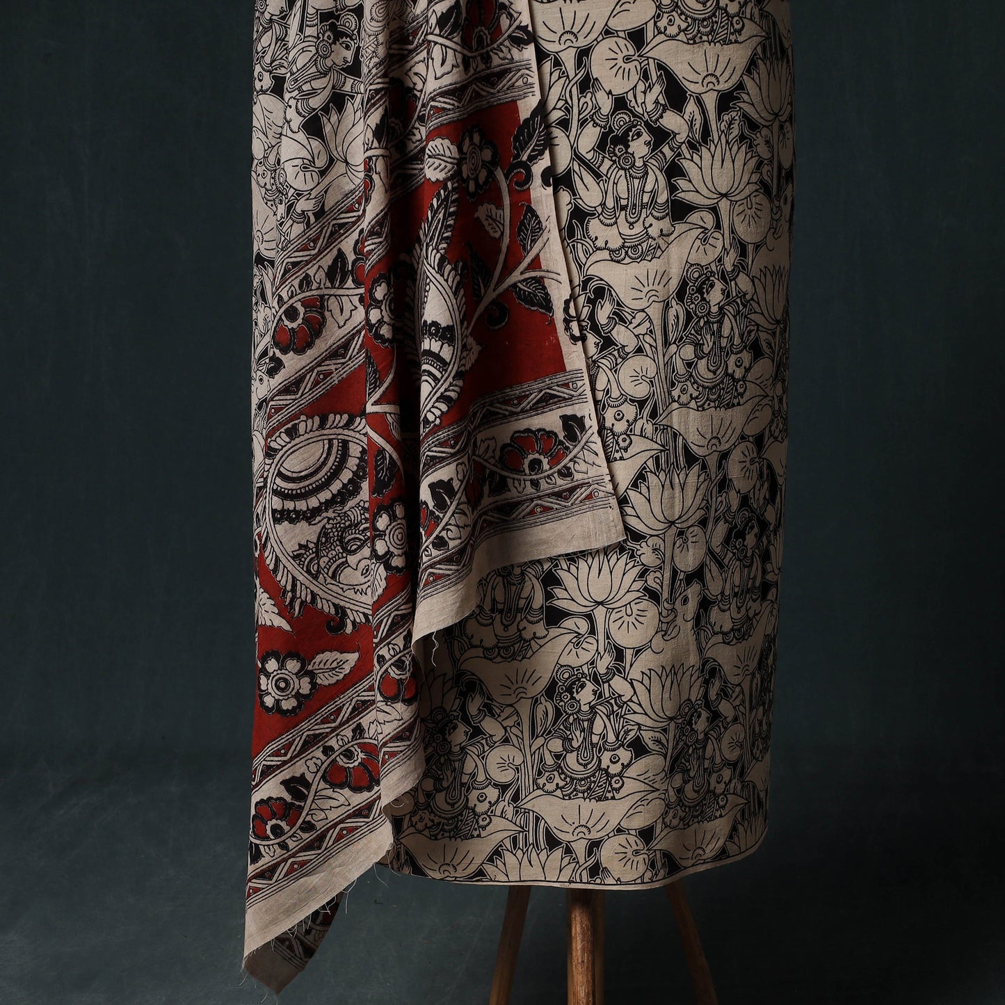 Beige - Kalamkari Printed Cotton Unstitched Dress Material Kurta with Dupatta Set 07