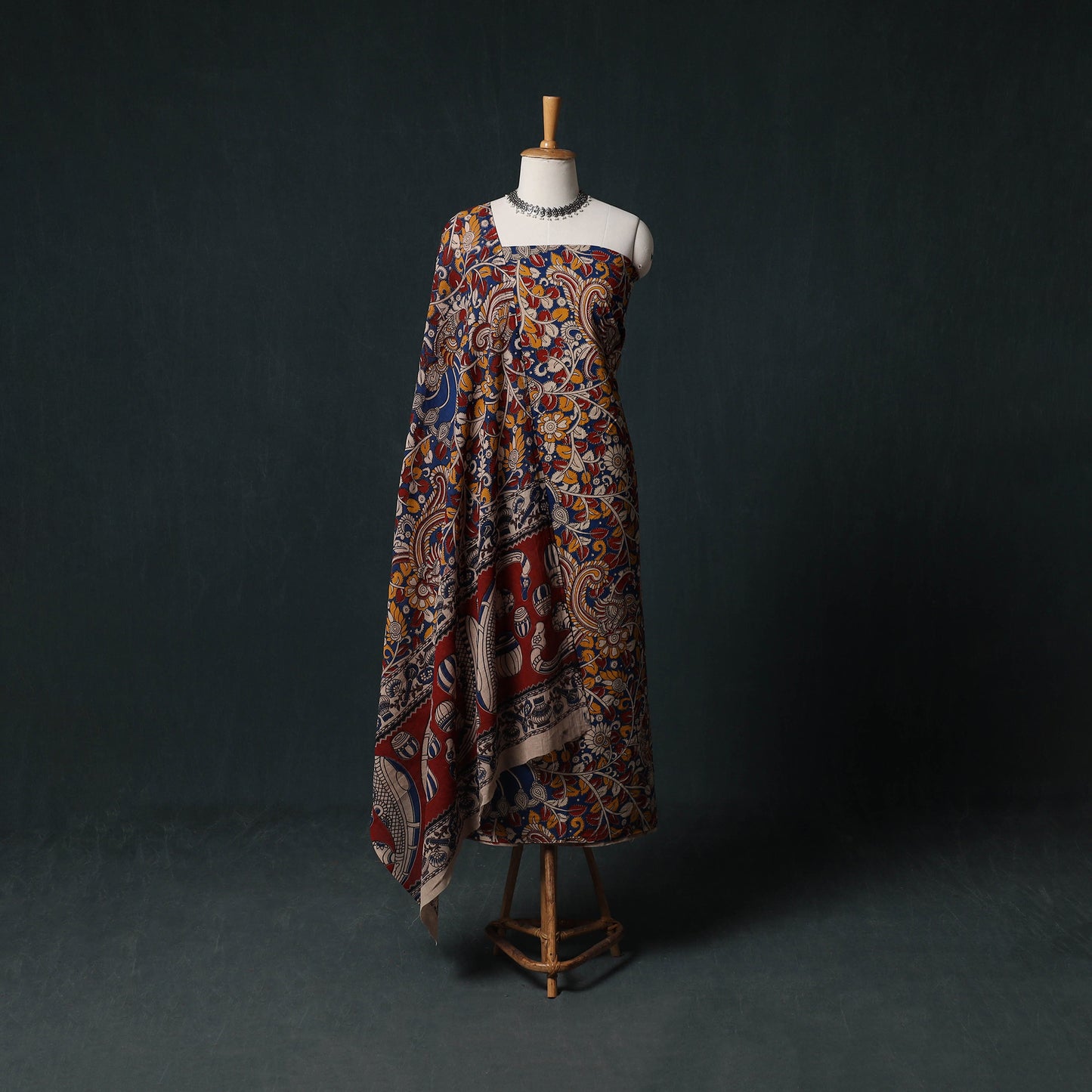 Multicolor - Kalamkari Printed Cotton Unstitched Dress Material Kurta with Dupatta Set 08