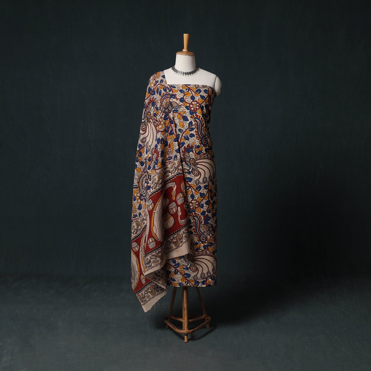 Multicolor - Kalamkari Printed Cotton Unstitched Dress Material Kurta with Dupatta Set 09