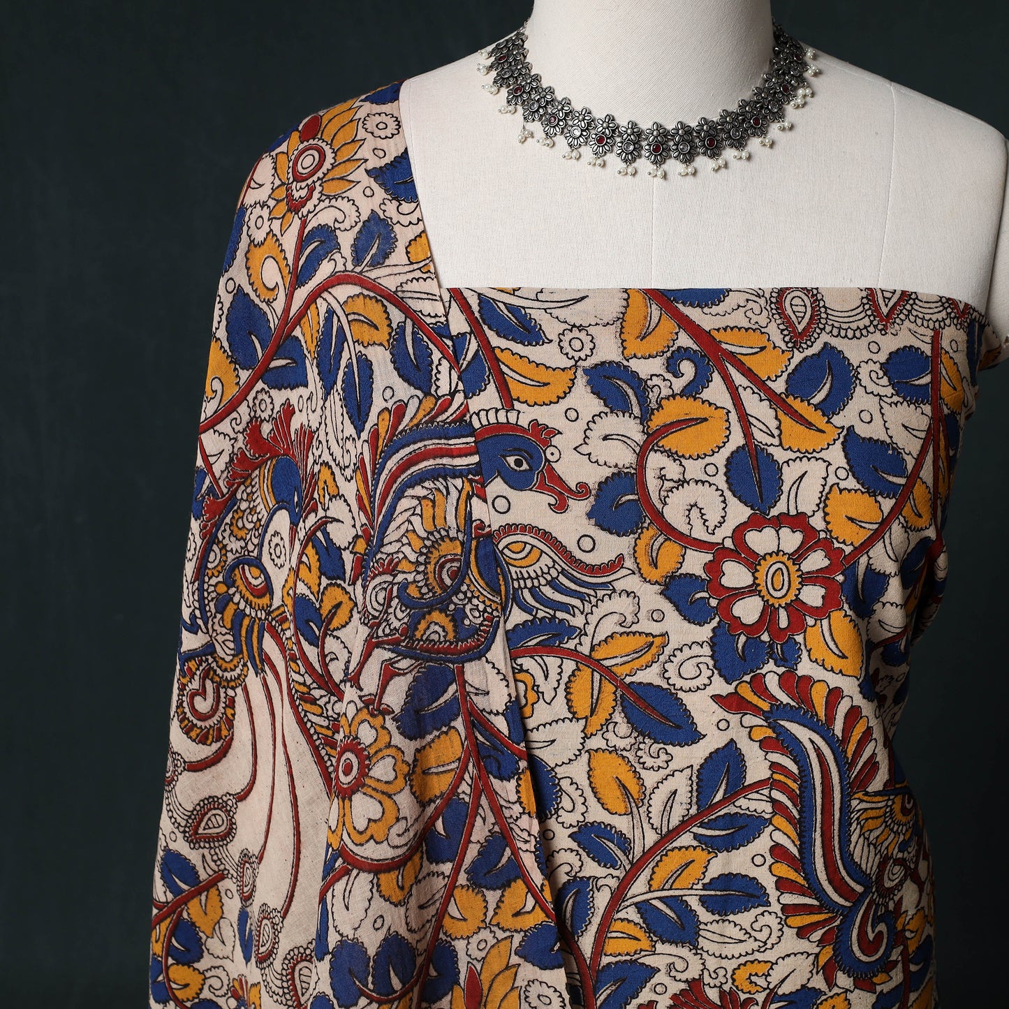 Multicolor - Kalamkari Printed Cotton Unstitched Dress Material Kurta with Dupatta Set 09
