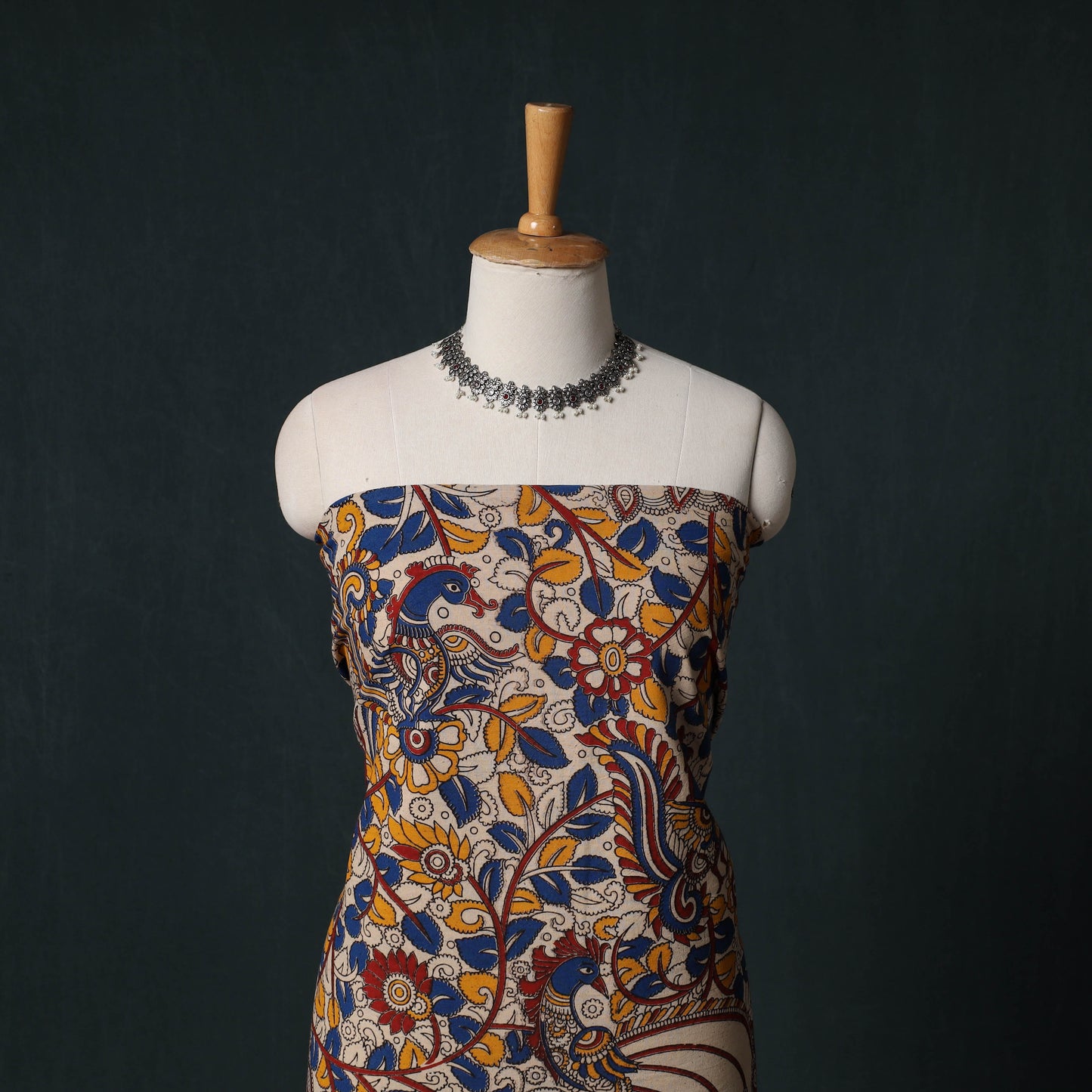 Multicolor - Kalamkari Printed Cotton Unstitched Dress Material Kurta with Dupatta Set 09
