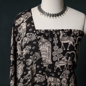 Black - Kalamkari Printed Cotton Unstitched Dress Material Kurta with Dupatta Set 10