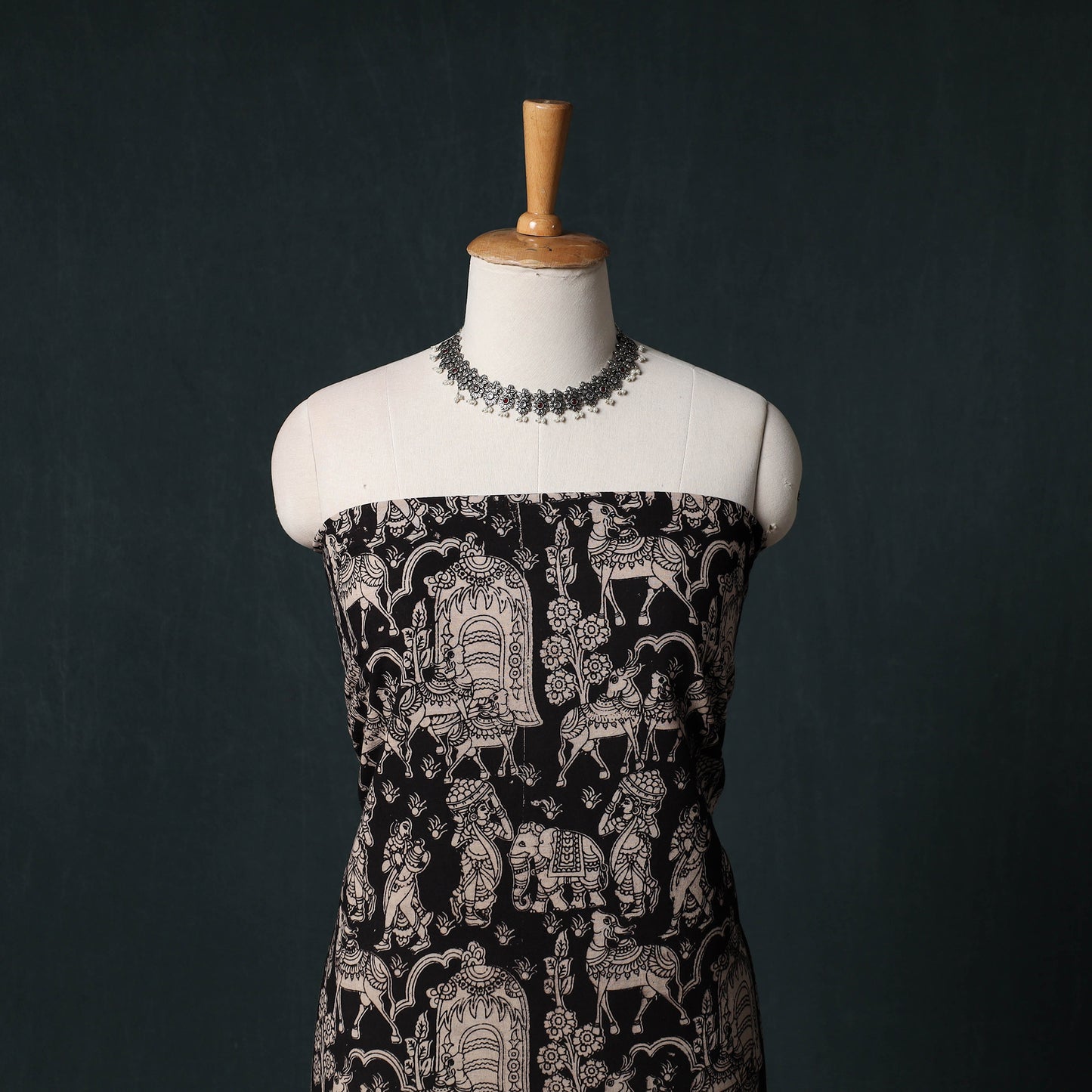 Black - Kalamkari Printed Cotton Unstitched Dress Material Kurta with Dupatta Set 10