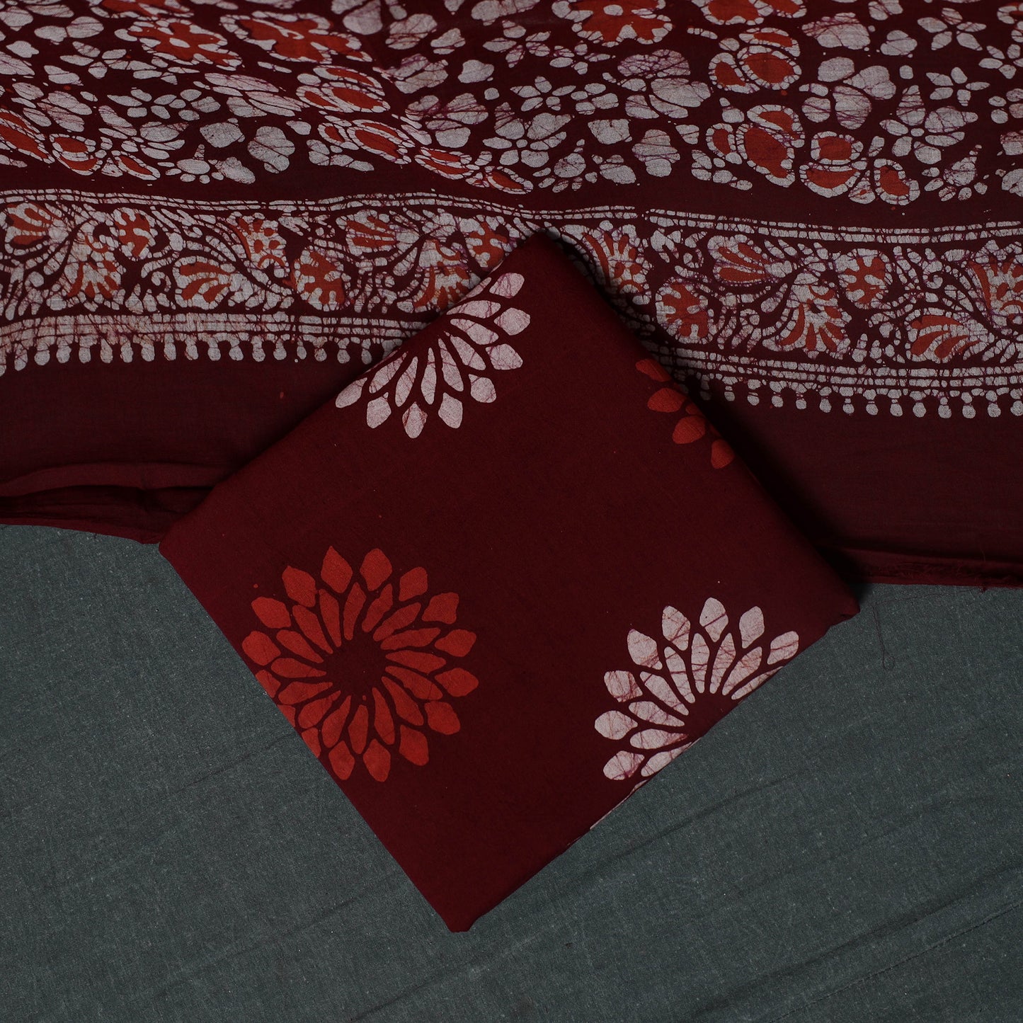 Kutch Hand Block Batik Print Cotton 3pc Unstitched Dress Material Suit Set 28