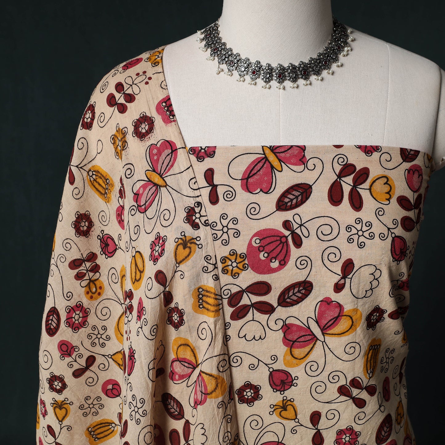 Beige - Kalamkari Printed Cotton Unstitched Dress Material Kurta with Dupatta Set 12
