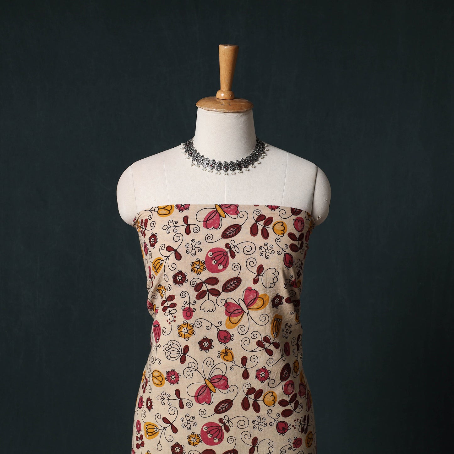 Beige - Kalamkari Printed Cotton Unstitched Dress Material Kurta with Dupatta Set 12