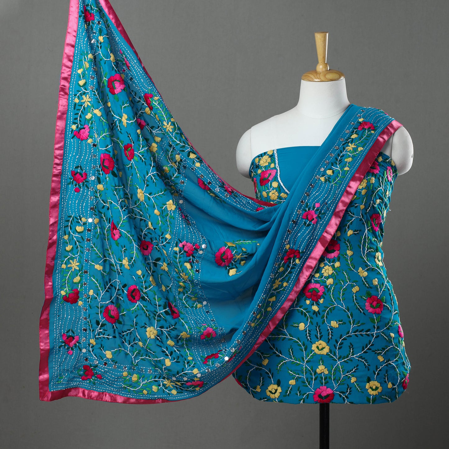 Blue - 3pc Hand Embroidery Georgette Phulkari Dress Material 17