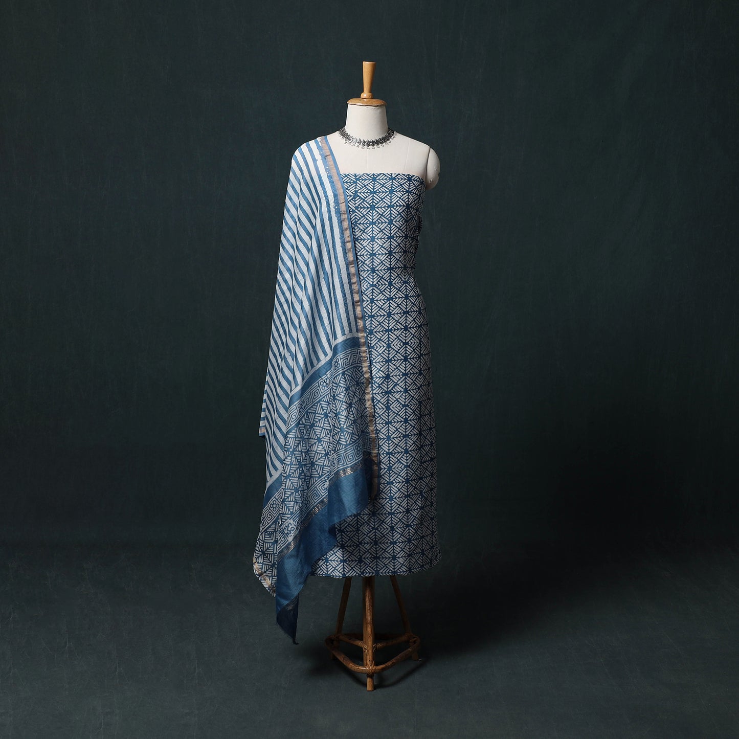Kutch Hand Block Batik Print Chanderi Silk 2pc Unstitched Dress Material Kurta Set 33