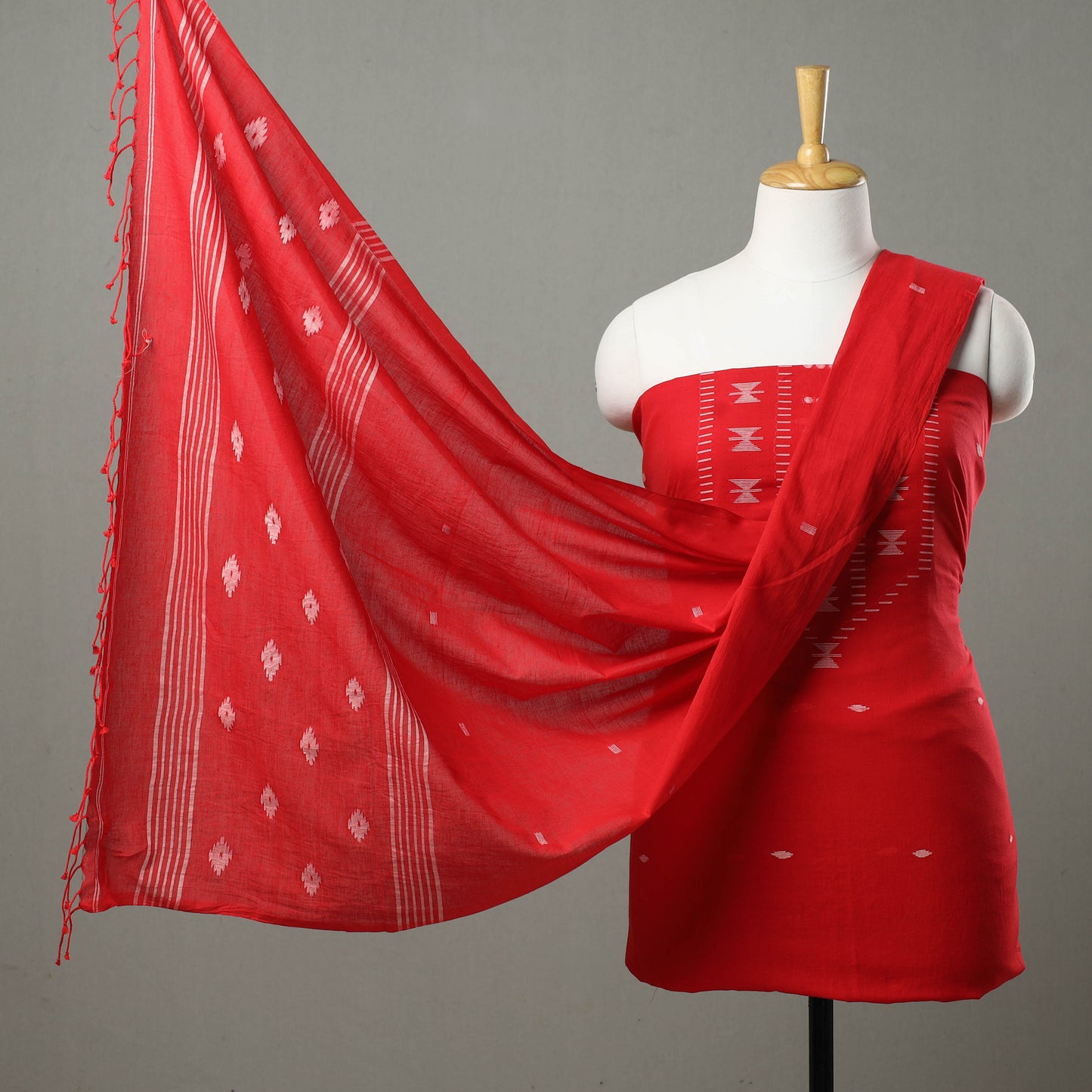 Red - 2pc Handloom Bengal Jamdani Cotton Dress Material 01