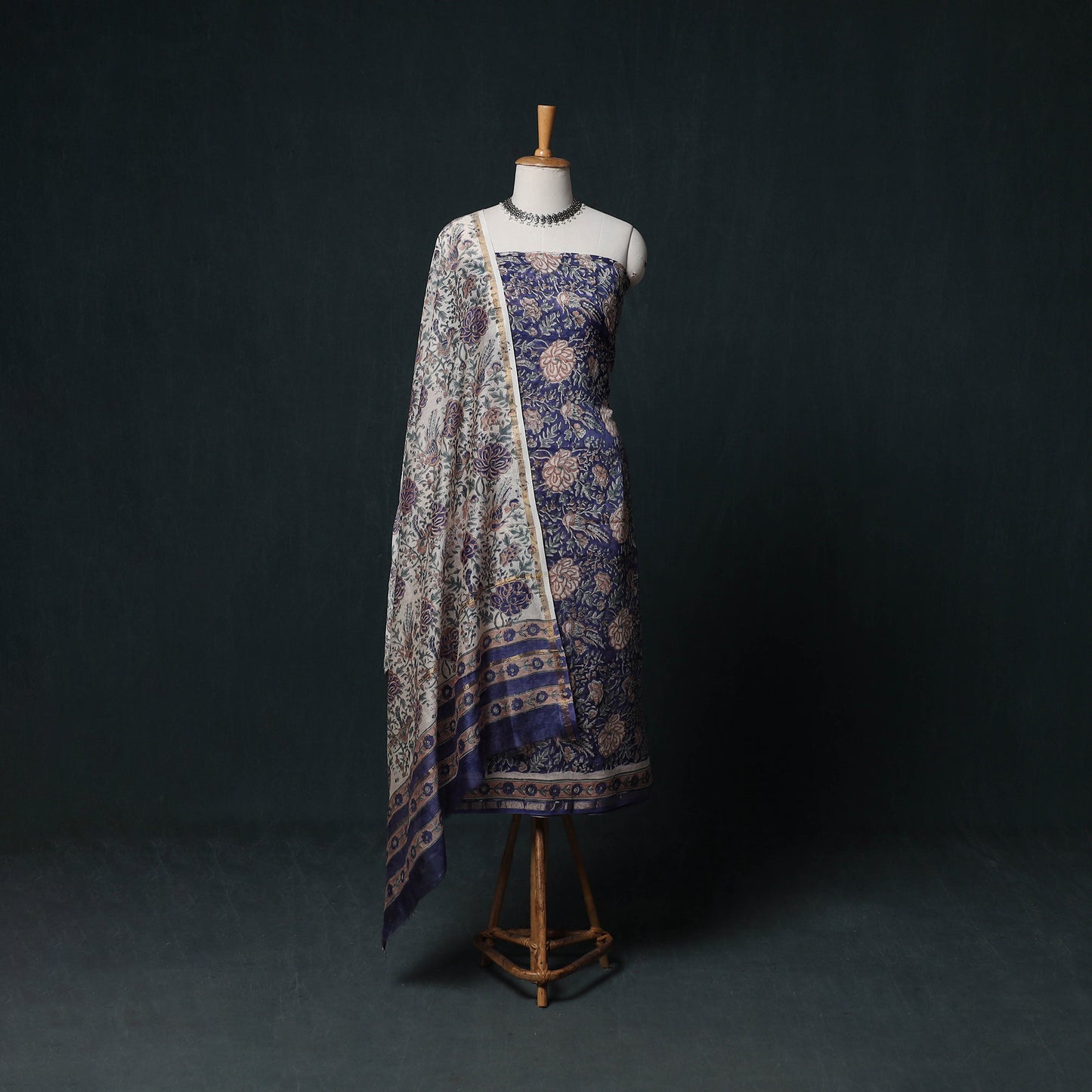 Sanganeri Hand Block Print Chanderi Silk Unstitched Dress Material Suit Set 05