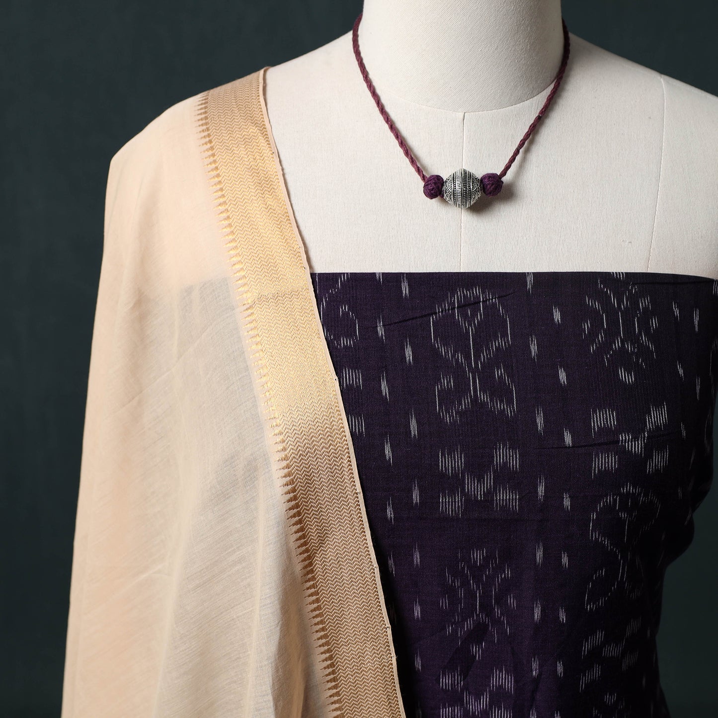 Sambalpuri Ikat Cotton 2pc Unstitched Dress Material Kurta Set with Jewellery 01