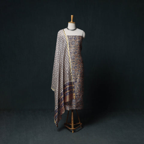 Brown - Sanganeri Hand Block Print Chanderi Silk Unstitched Dress Material Suit Set 08