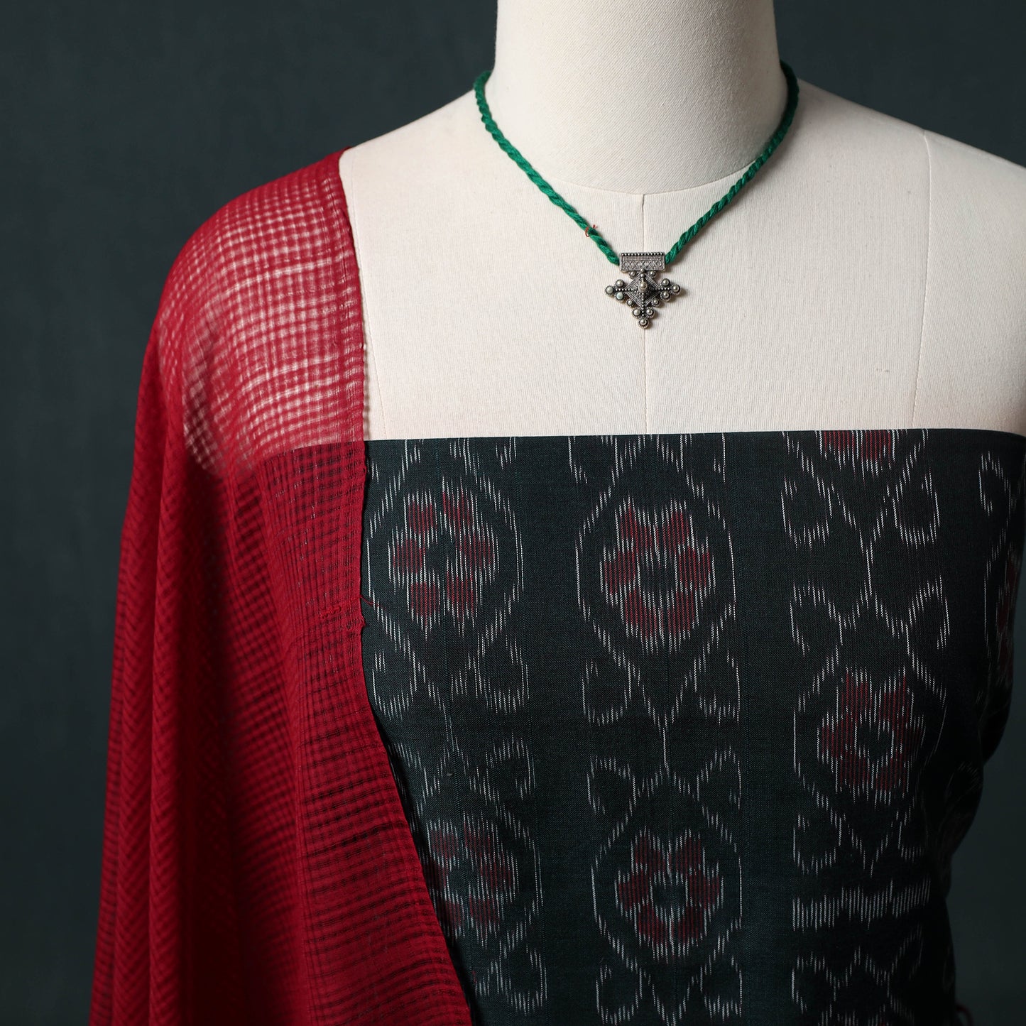 Sambalpuri Ikat Cotton 2pc Unstitched Dress Material Kurta Set with Jewellery 03
