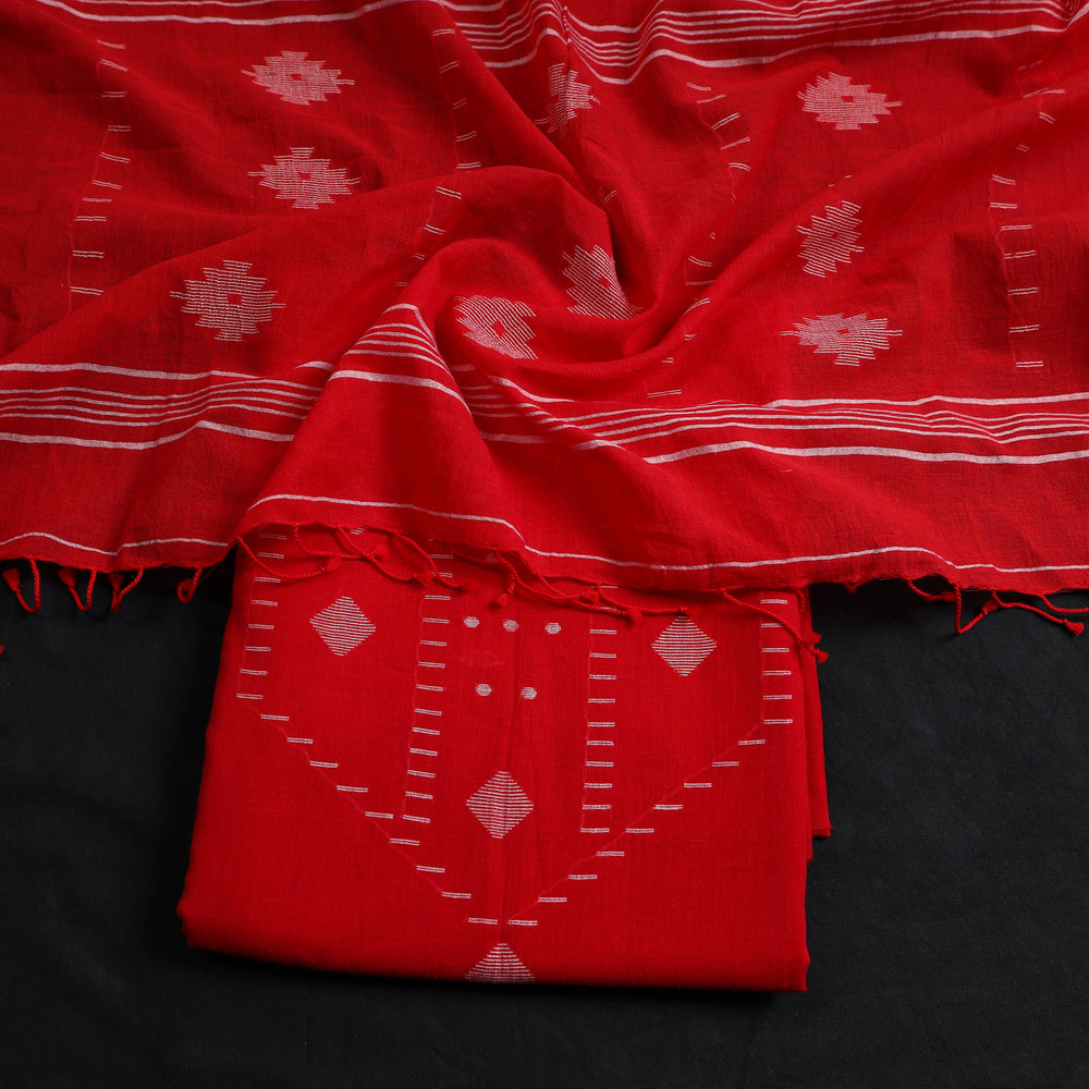 Red - 2pc Handloom Bengal Jamdani Cotton Dress Material 03