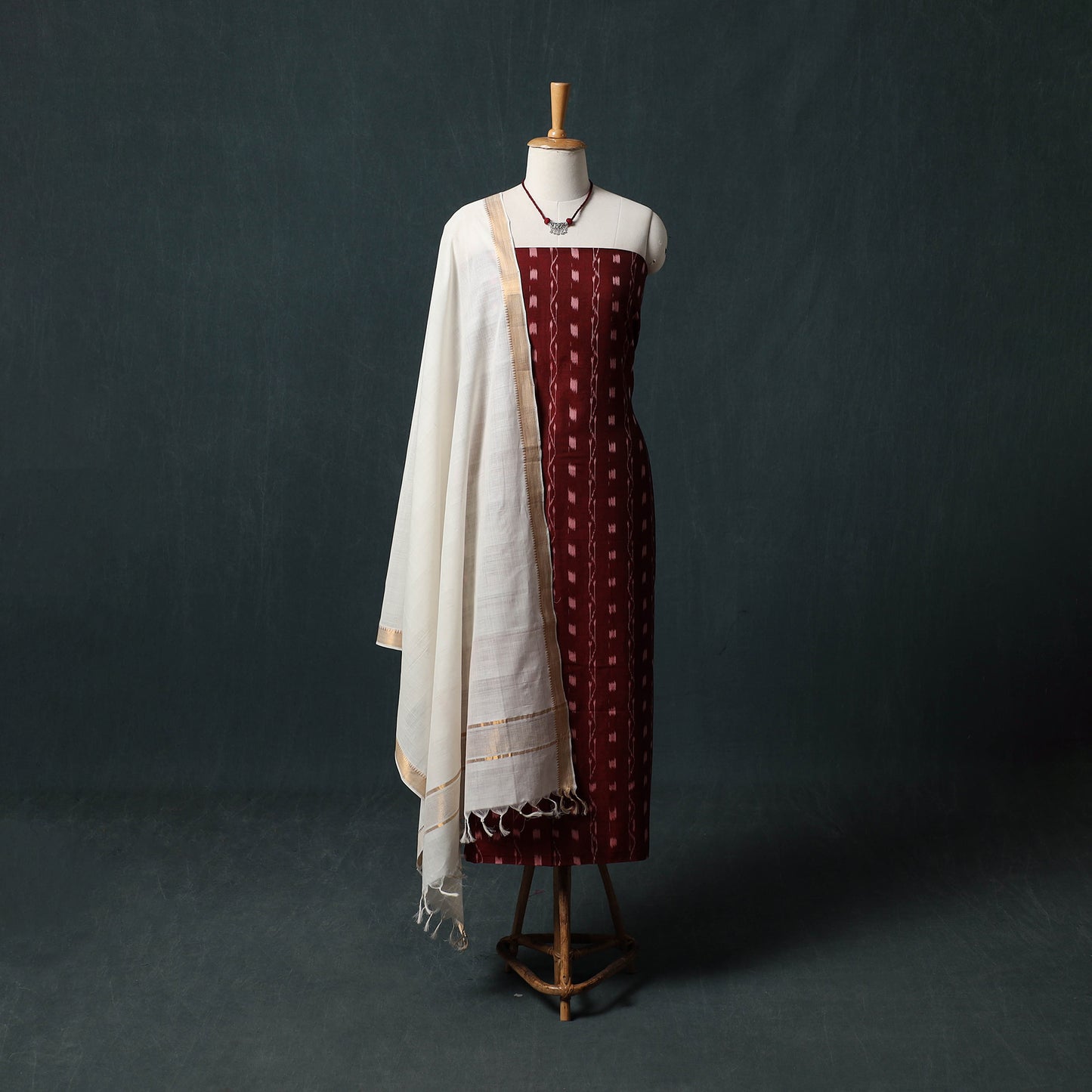Sambalpuri Ikat Cotton 2pc Unstitched Dress Material Kurta Set with Jewellery 04