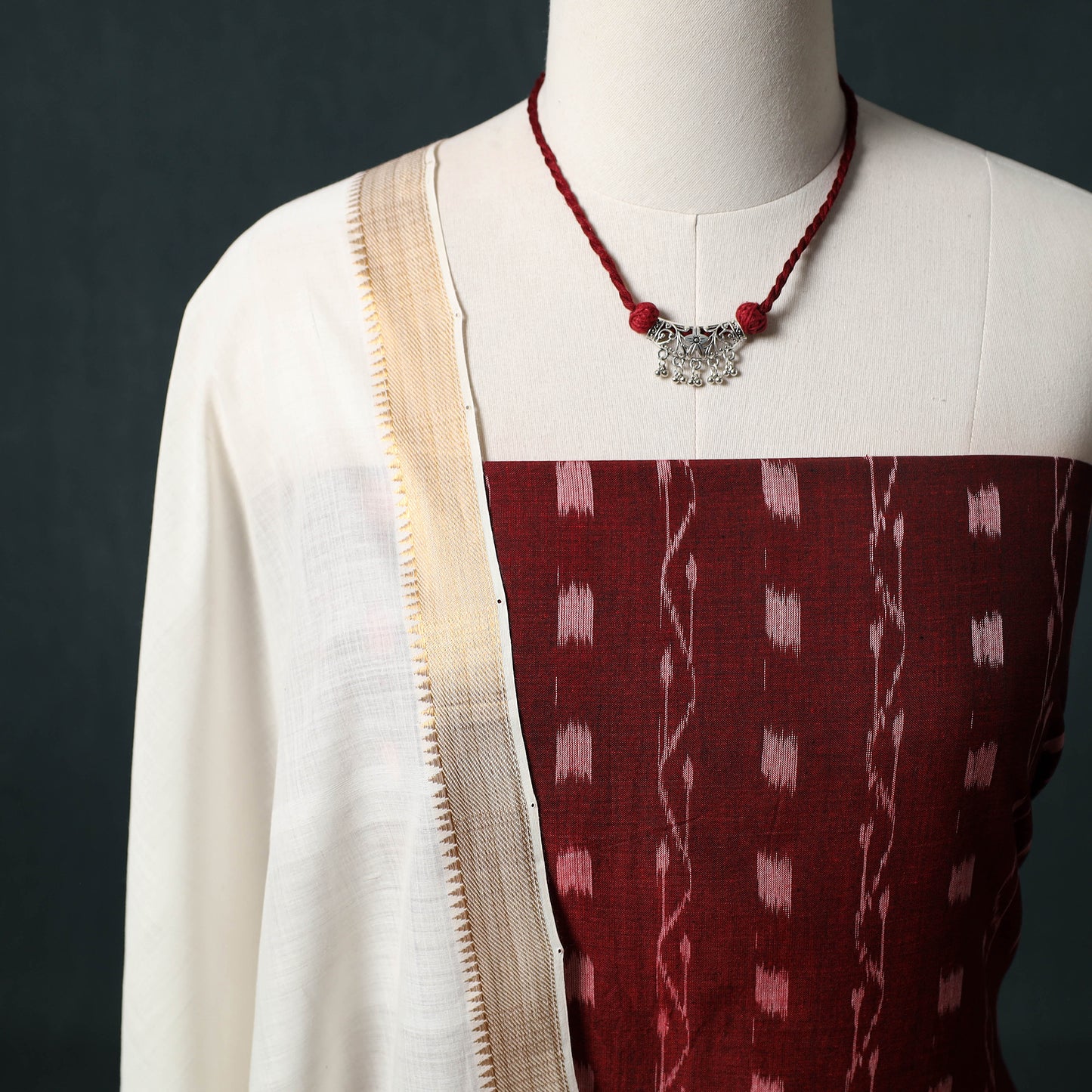 Sambalpuri Ikat Cotton 2pc Unstitched Dress Material Kurta Set with Jewellery 04
