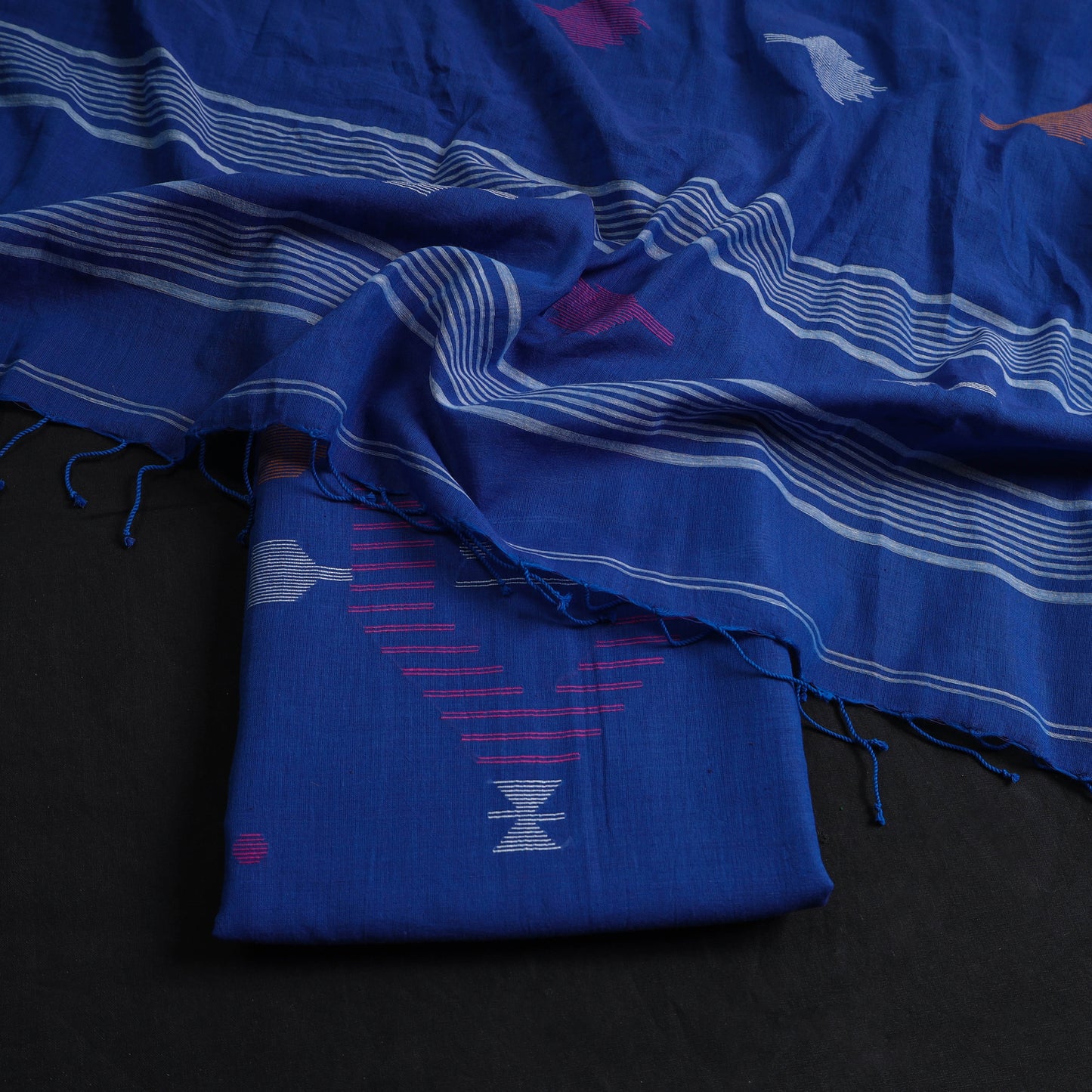 Blue - 2pc Handloom Bengal Jamdani Cotton Dress Material 07