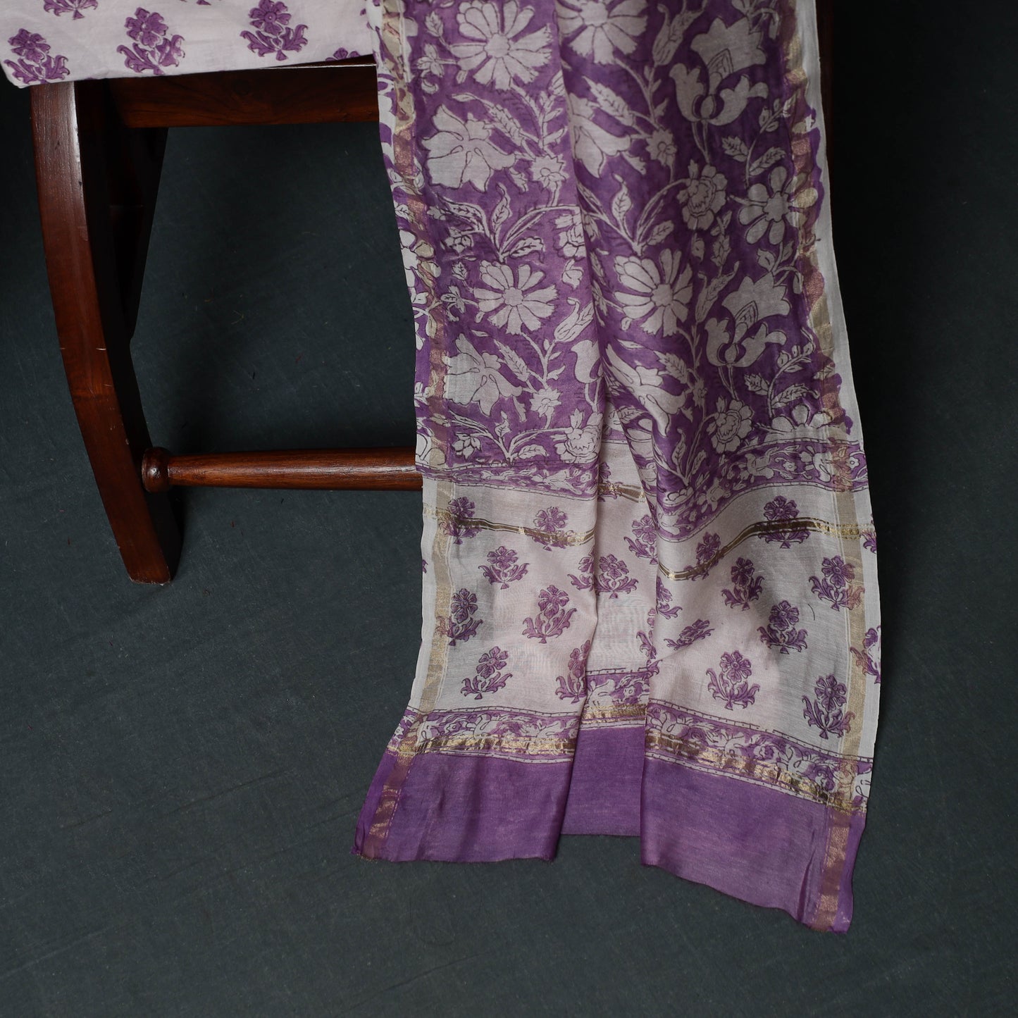 Sanganeri Hand Block Print Chanderi Silk Unstitched Dress Material Suit Set 11