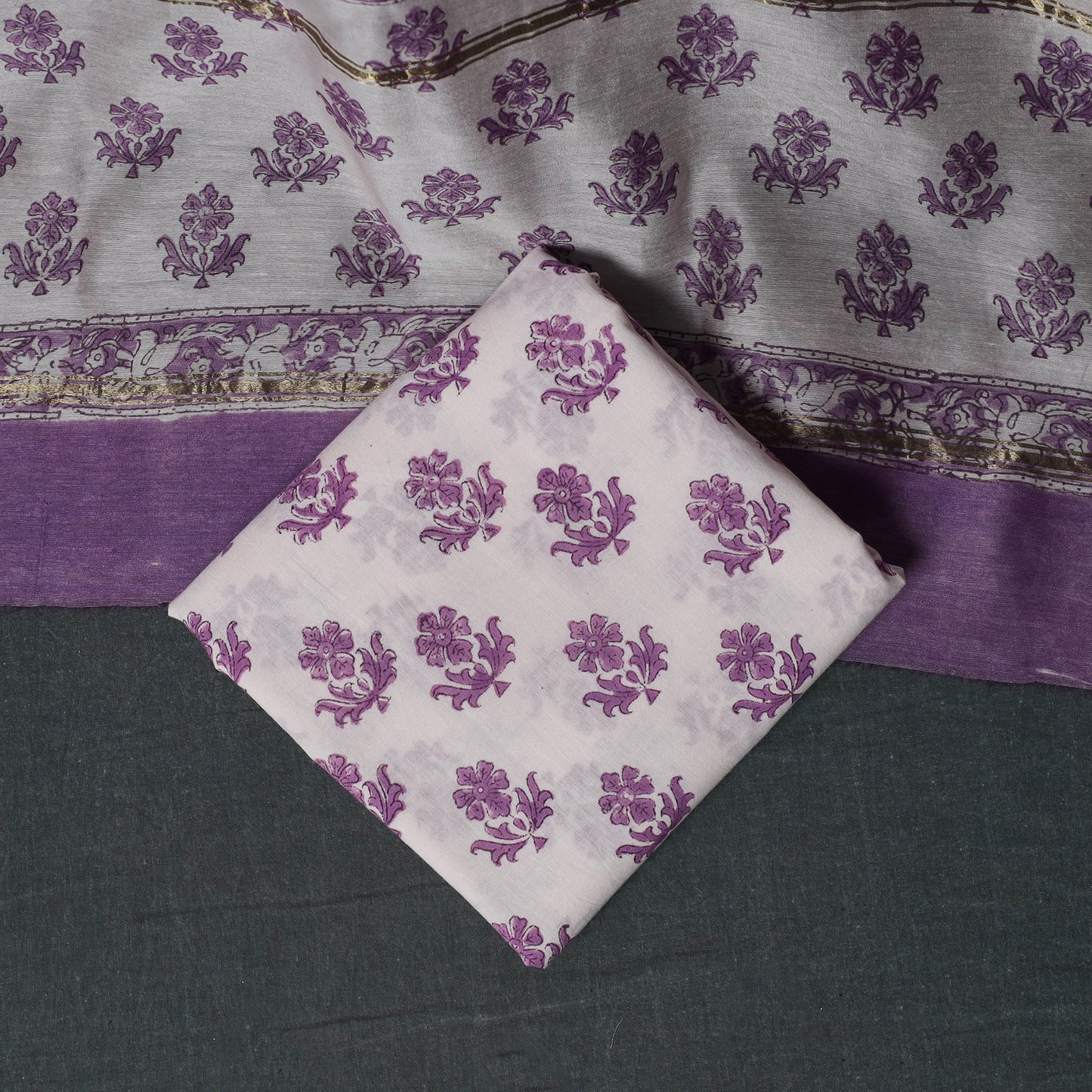 Sanganeri Hand Block Print Chanderi Silk Unstitched Dress Material Suit Set 11