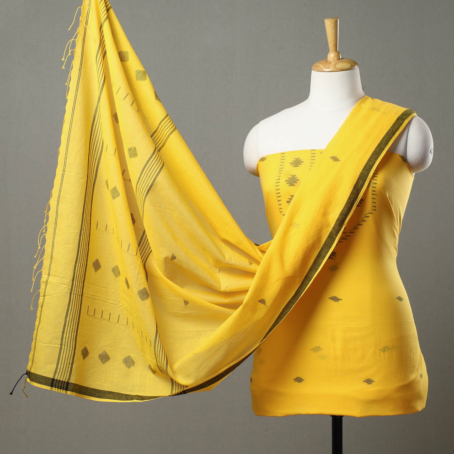 Yellow - 2pc Handloom Bengal Jamdani Cotton Dress Material 16