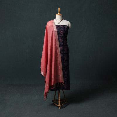 Sambalpuri Ikat Cotton 2pc Unstitched Dress Material Kurta Set with Jewellery 07
