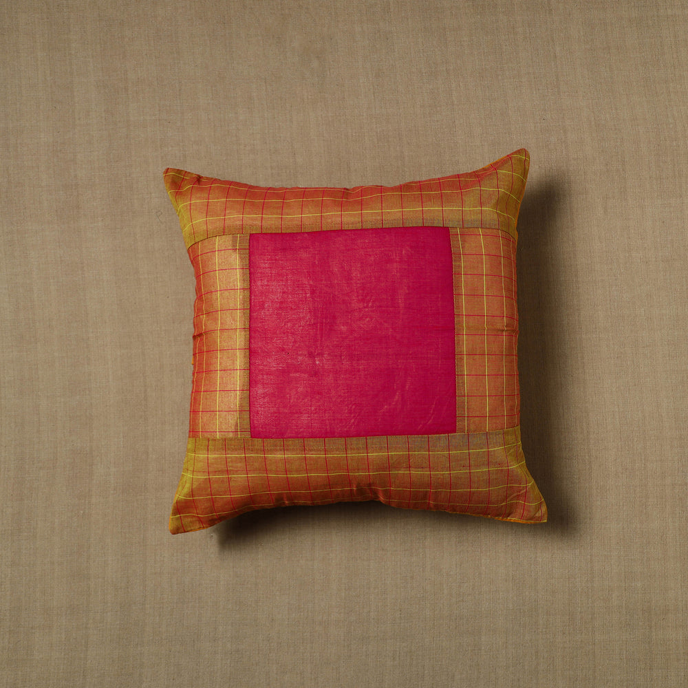 Orange - Patchwork Cotton Kanchipuram Cushion Cover (16 x 16 in) 16