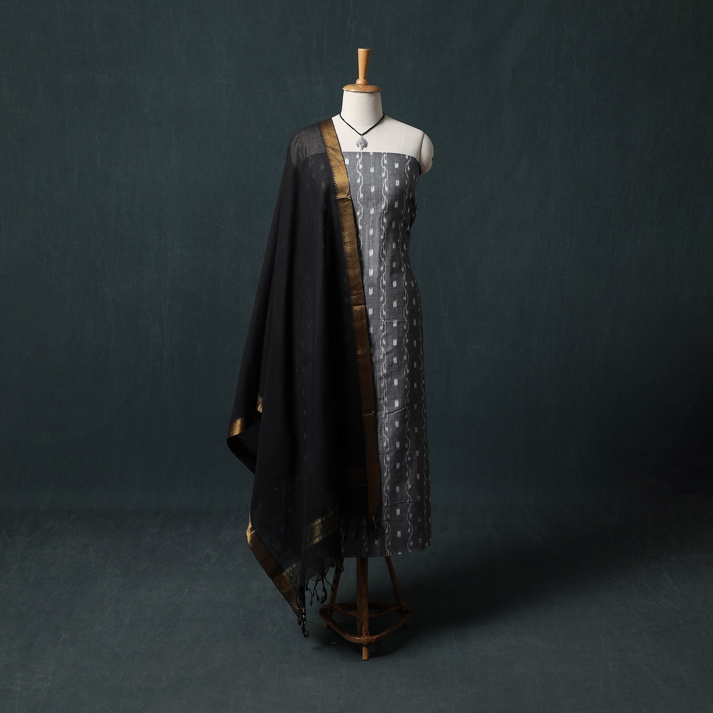 Sambalpuri Ikat Cotton 2pc Unstitched Dress Material Kurta Set with Jewellery 08