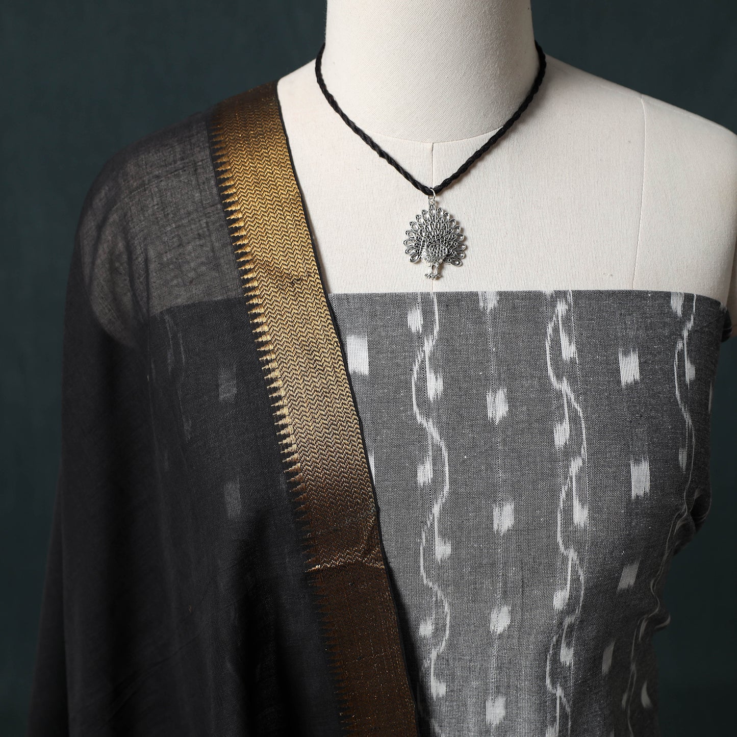 Sambalpuri Ikat Cotton 2pc Unstitched Dress Material Kurta Set with Jewellery 08