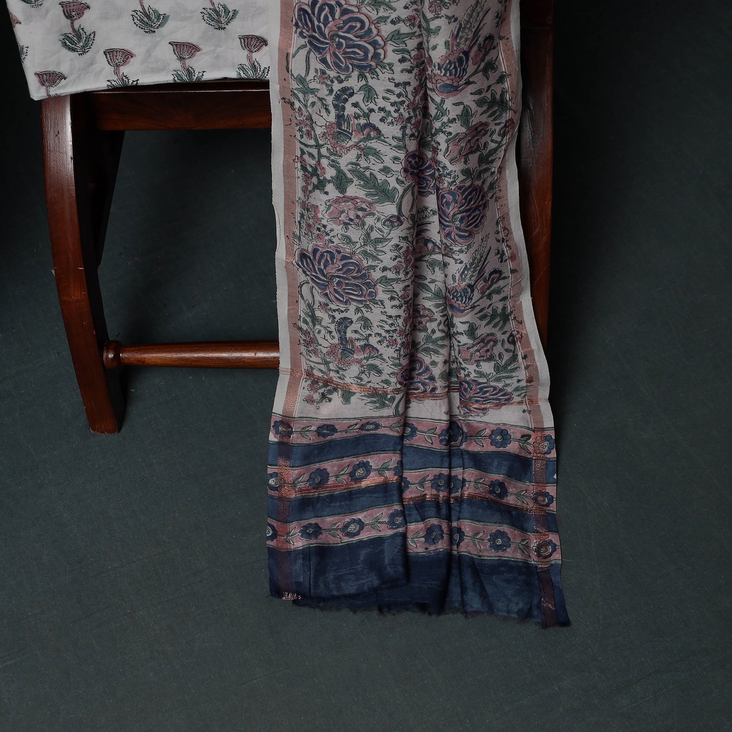 Sanganeri Hand Block Print Chanderi Silk Unstitched Dress Material Suit Set 14