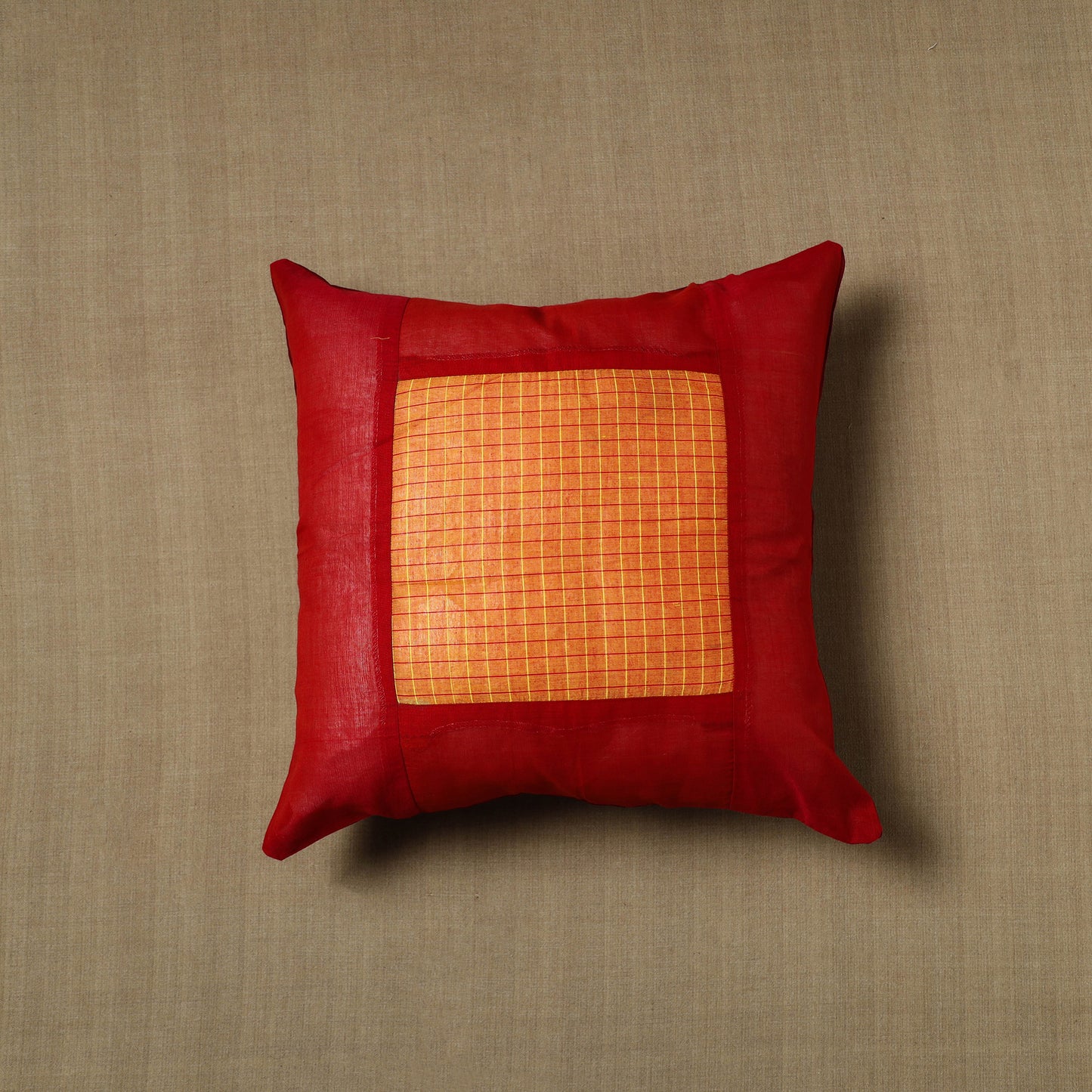 Red - Patchwork Cotton Kanchipuram Cushion Cover (16 x 16 in) 14