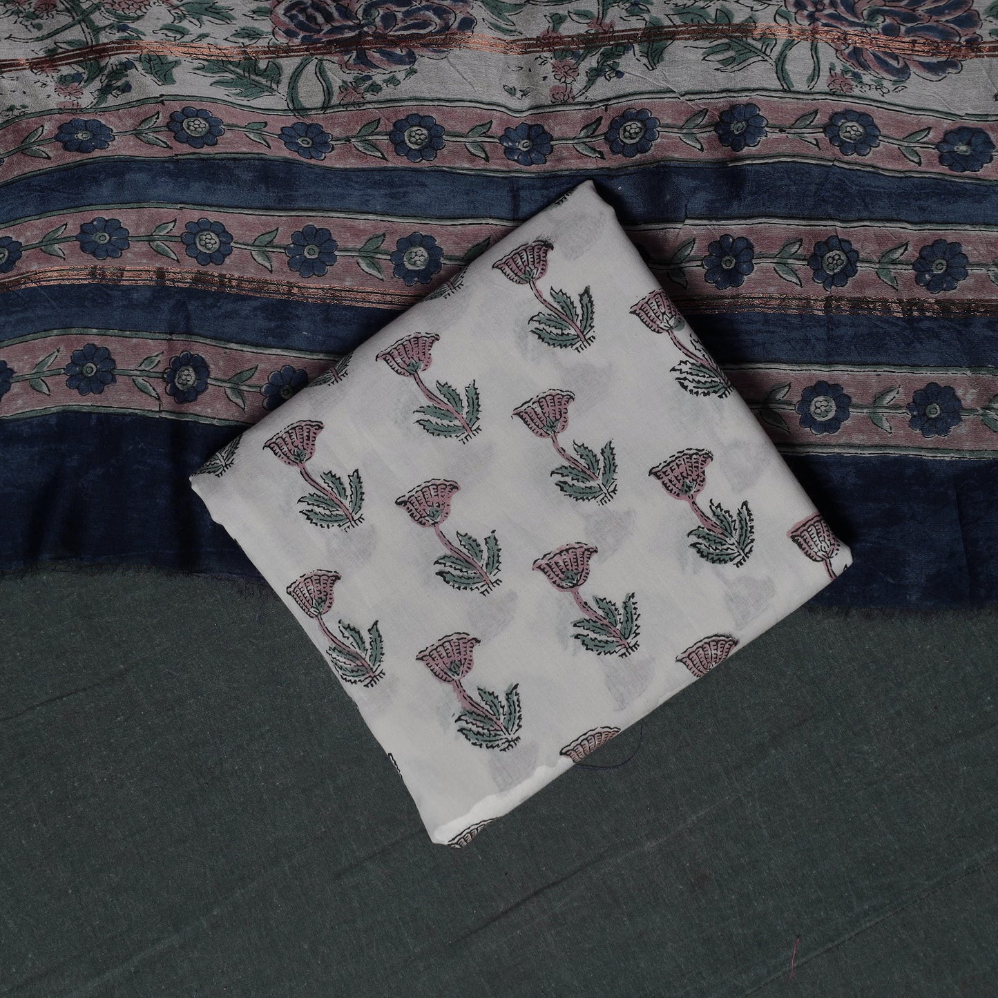 Sanganeri Hand Block Print Chanderi Silk Unstitched Dress Material Suit Set 14