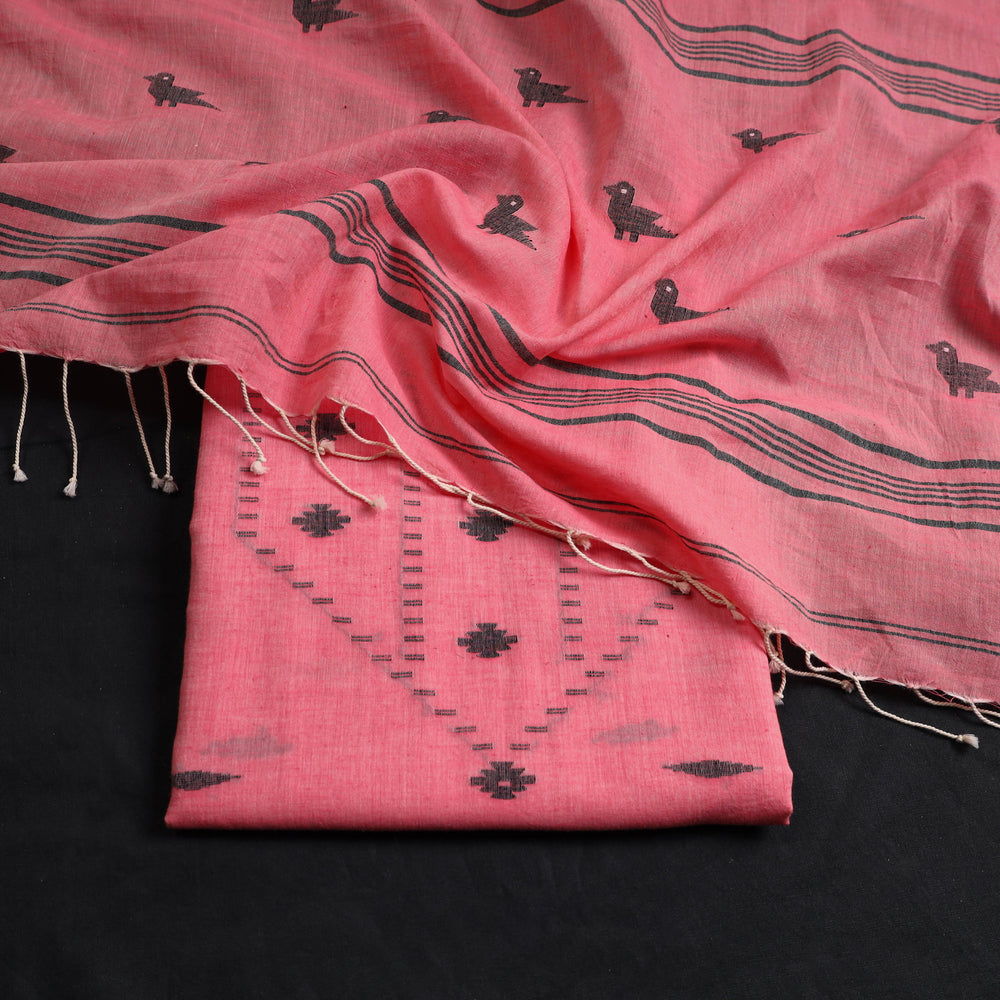 Pink - 2pc Handloom Bengal Jamdani Cotton Dress Material 17