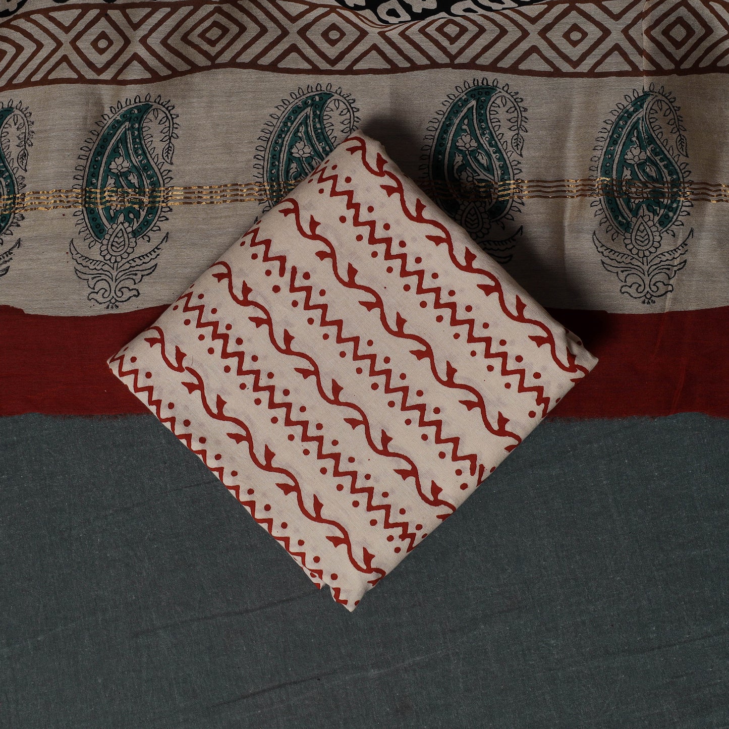 Natural Dyed Bagru Hand Block Print Chanderi Silk Unstitched Dress Material Suit Set 15
