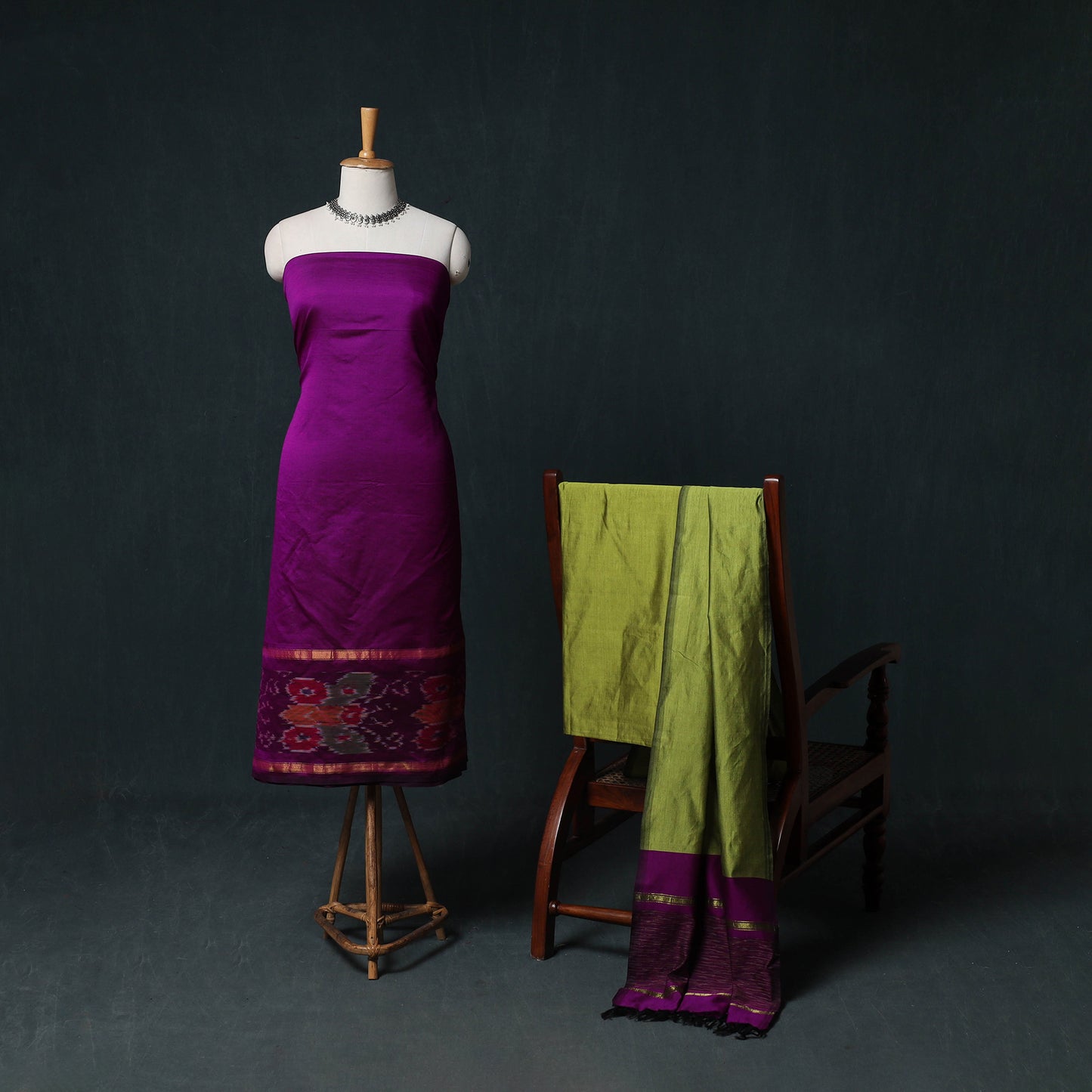 Pochampally Ikat Silk Cotton Kurta,Bottom & Dupatta Unstitched Dress Material Suit Set 01
