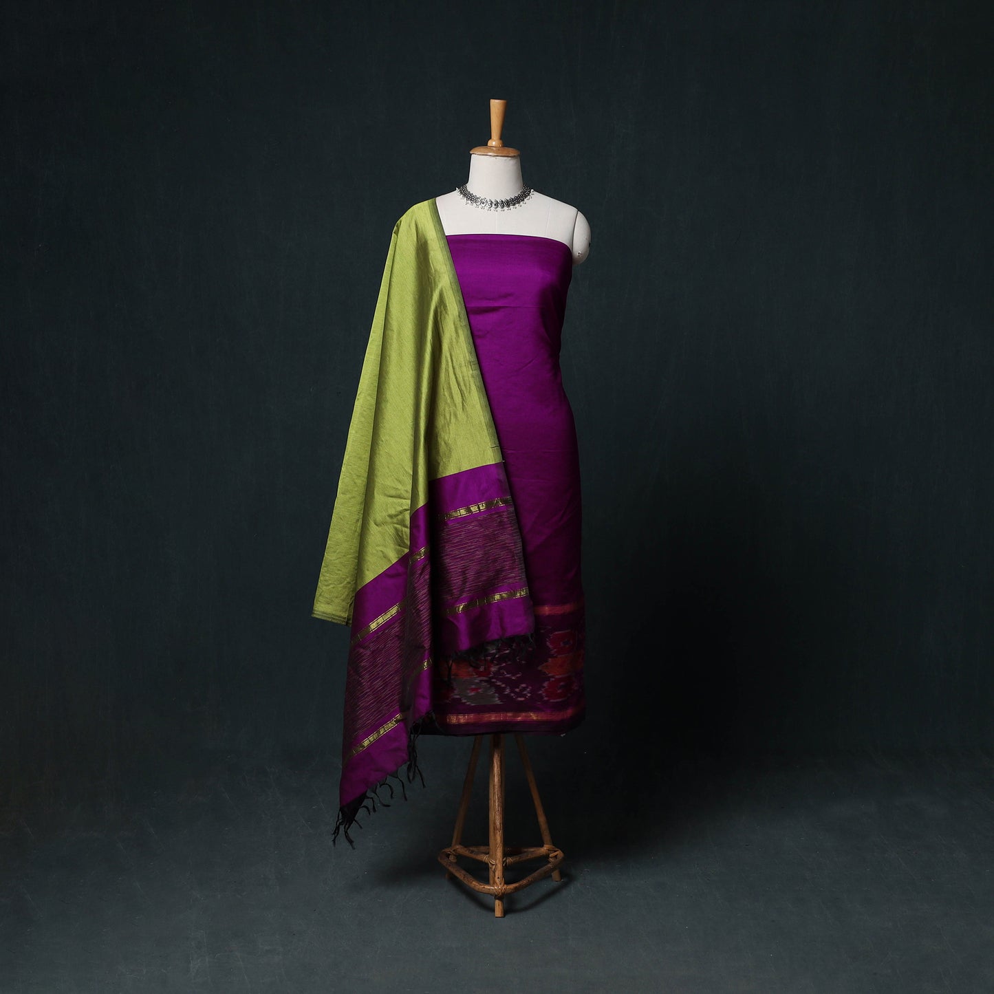 Pochampally Ikat Silk Cotton Kurta,Bottom & Dupatta Unstitched Dress Material Suit Set 01