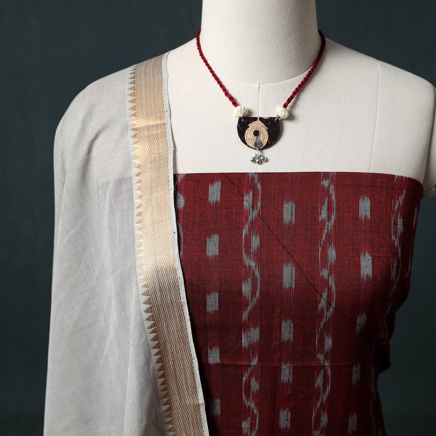 Sambalpuri Ikat Cotton 2pc Unstitched Dress Material Kurta Set with Jewellery 13