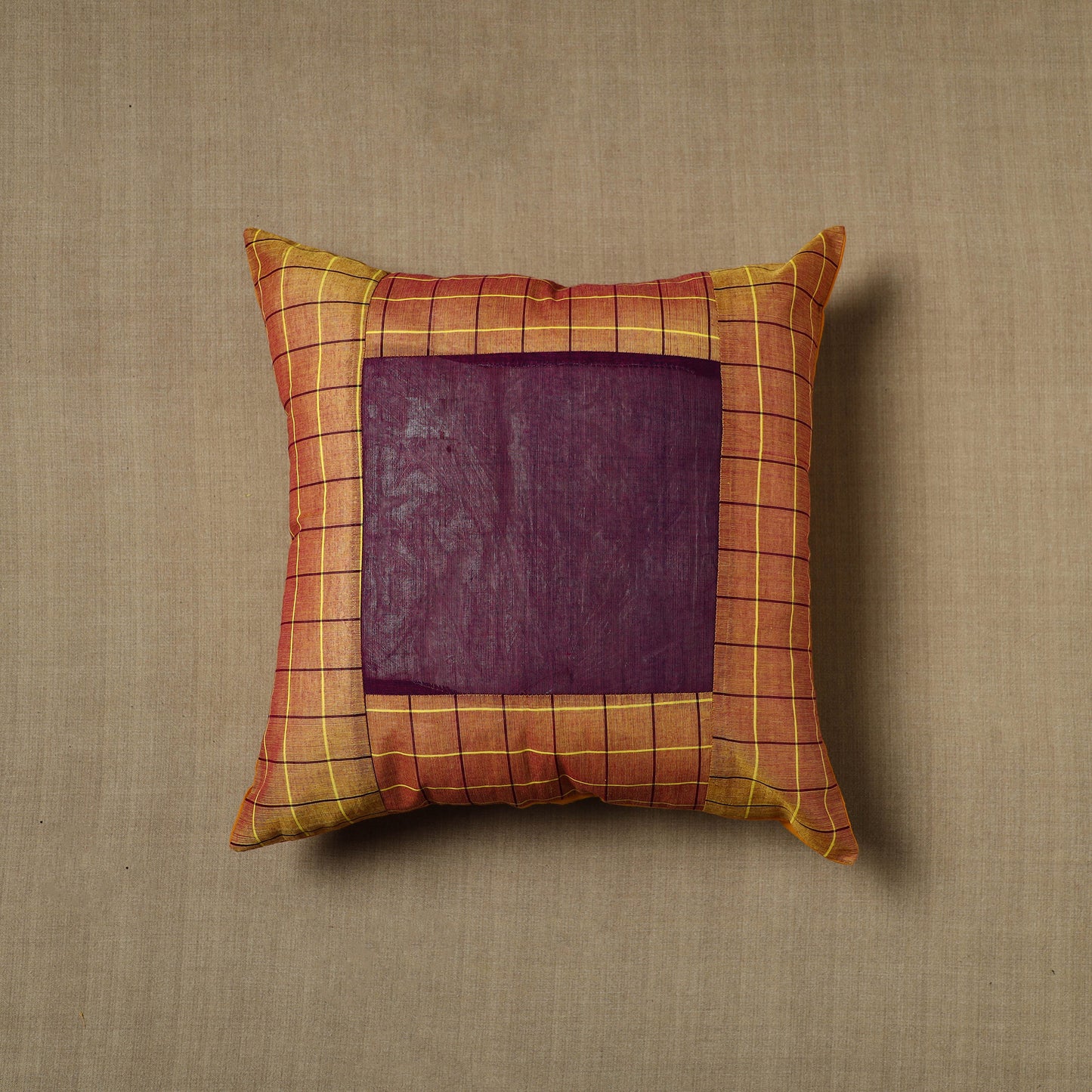 Orange - Patchwork Cotton Kanchipuram Cushion Cover (16 x 16 in) 04