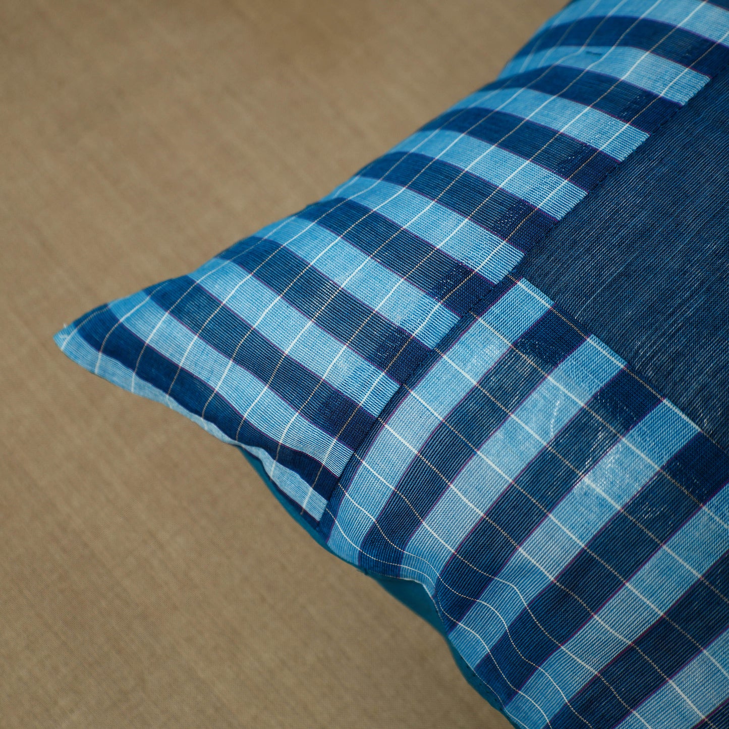 Blue - Patchwork Cotton Kanchipuram Cushion Cover (16 x 16 in) 03