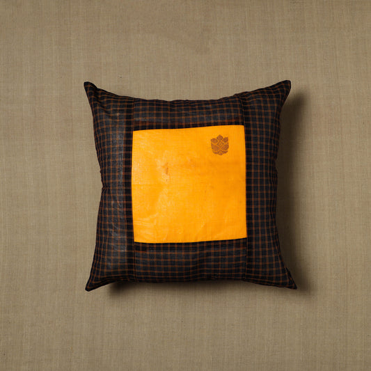 Black - Patchwork Cotton Kanchipuram Cushion Cover (16 x 16 in) 01